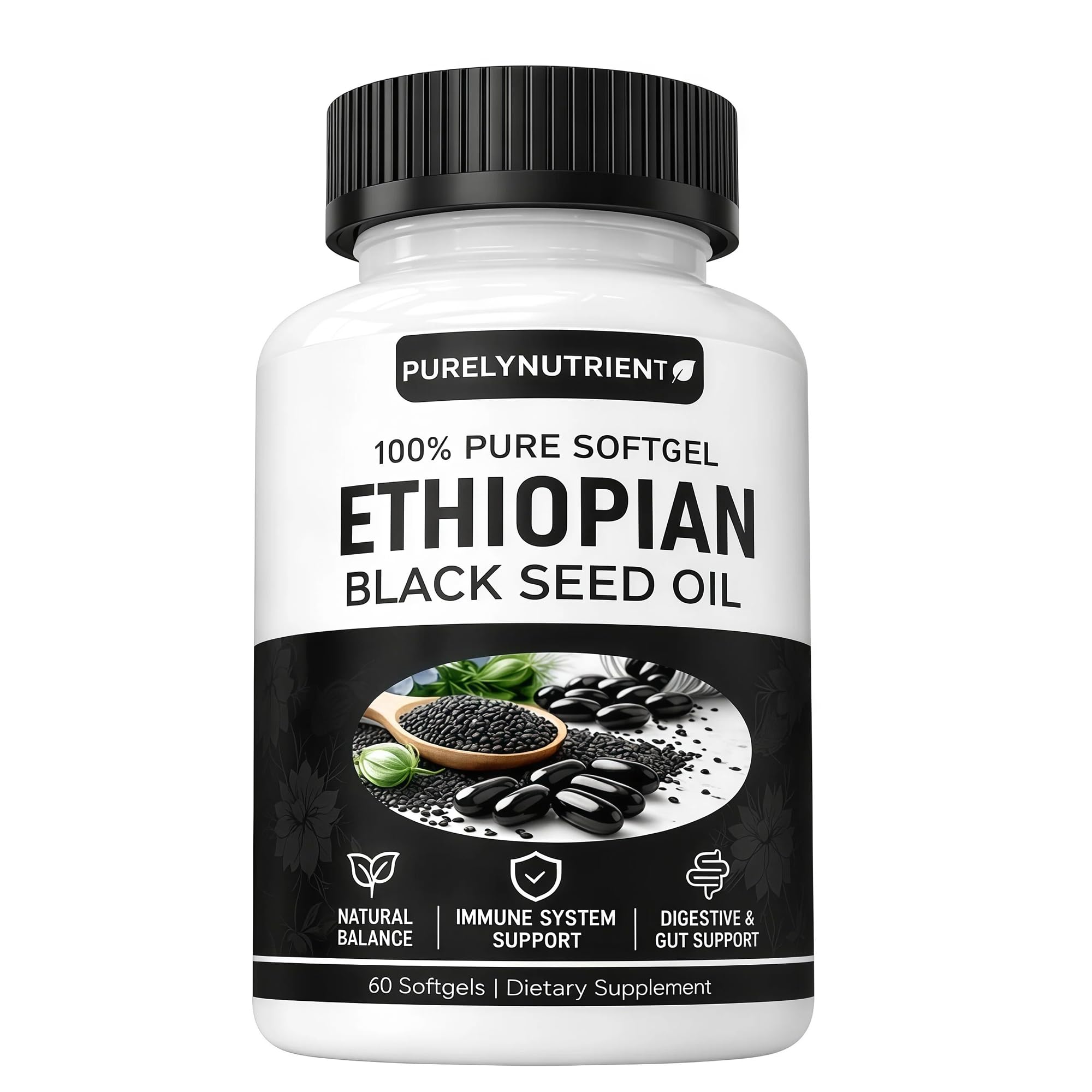 Ethiopian Black Seed Oil Capsules, Pure Black Seed Oil Organic Cold Pressed with 4.64% Thymoquinone, Non-GMO, Gluten-Free, 60 Softgels
