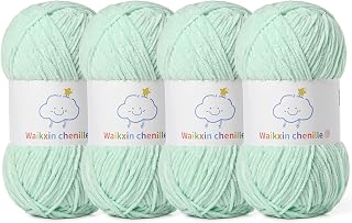 Skinny Chenille Yarn for Crocheting, Baby Yarn for Crocheting Soft, 4 Pack of 3.5 oz/218.7 yds Fingering Weight Velvet Yarn, Fluffy Amigurumi Yarn for Baby Blankets/Hats/Clothes&Crafts(4 Aqua Green)