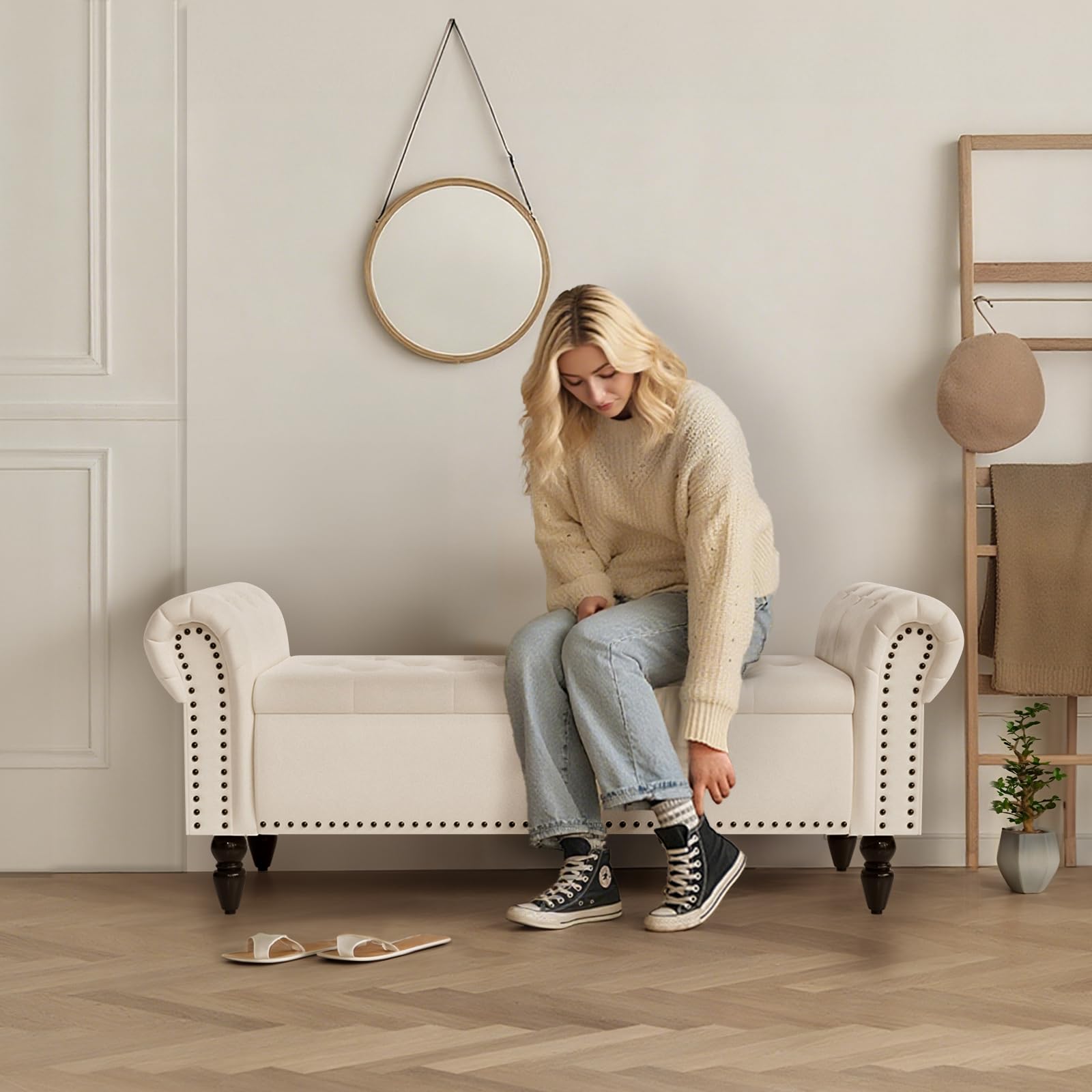 Clevich Sitzbank mit Stauraum 133cm, Samtmaterial, Umdrehen Mit Booster-Gasstange, Fußstütze mit stabilen Holzbeinen, Sofabank fur Flur, Schlafzimmer, Wohnzimmer, 133x53x46 cm, Beige