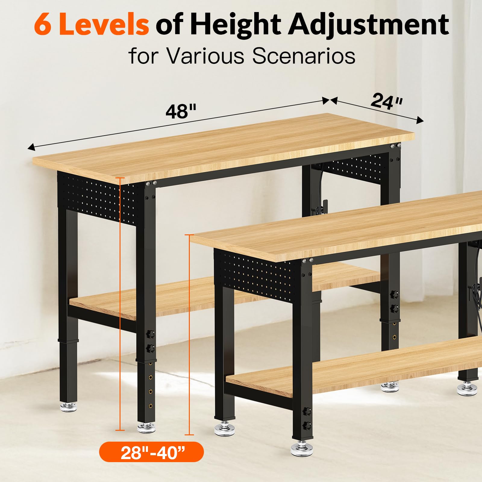 MUWOOD Adjustable Height Work Bench 48×24 Workbench for Garage