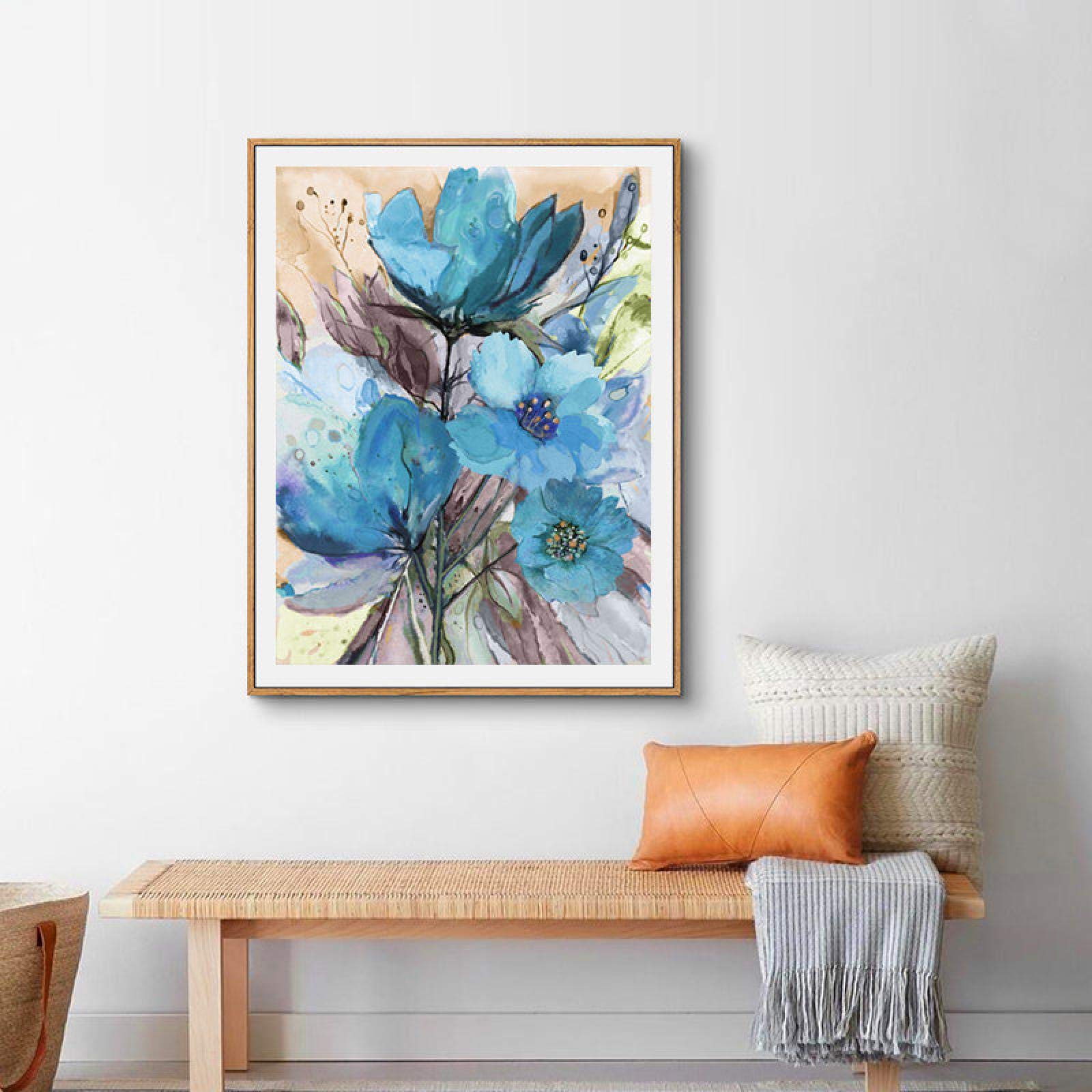 Acuarela flores azules cartel planta abstracta lienzo pintura moderna pared arte impresión imagen pasillo sala de estar decoración 70x90cm marco interior