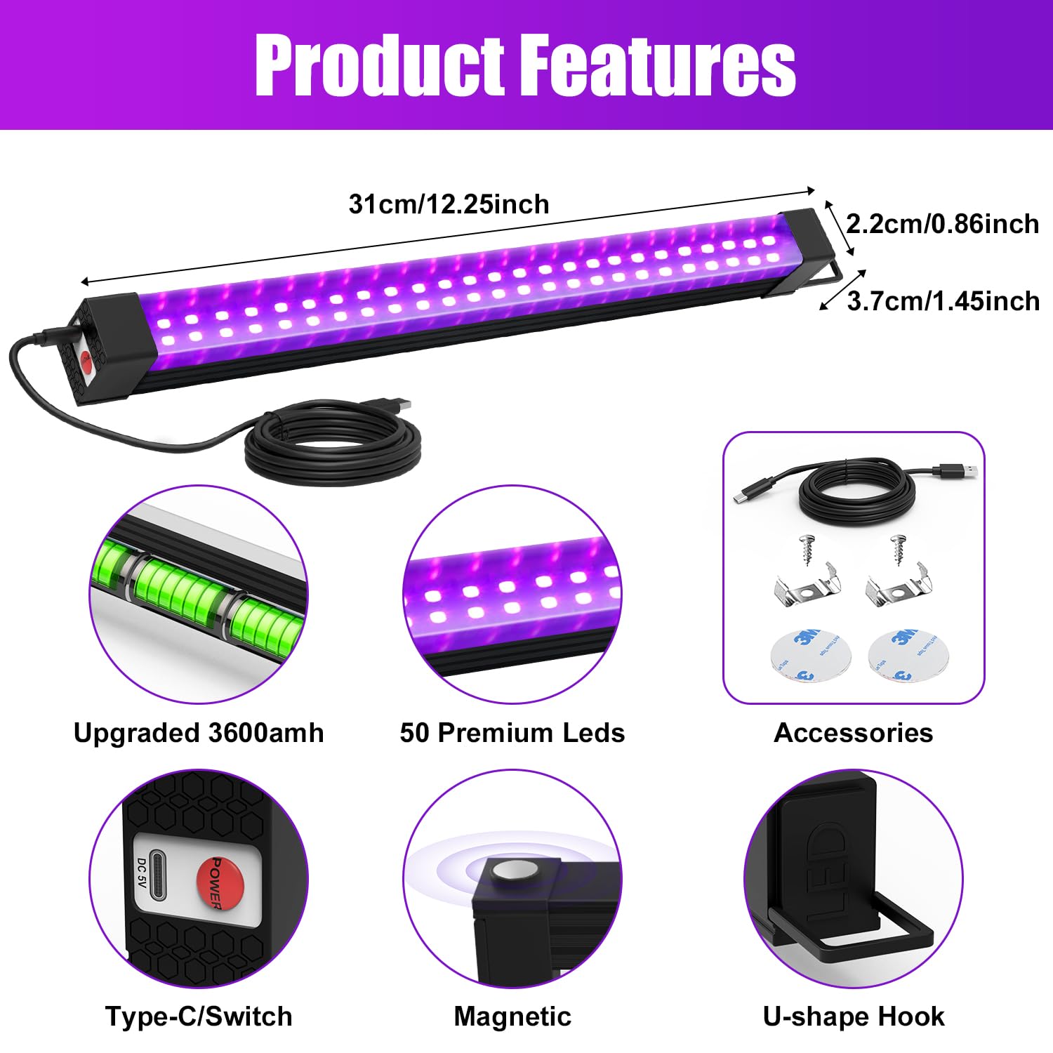 Barra de luz negra recargable, 4 paquetes, luces negras alimentadas por pilas para fiesta brillante, tira de luces UV inalámbricas con interruptor de encendido/apagado/dimma/flash, para pesca en el