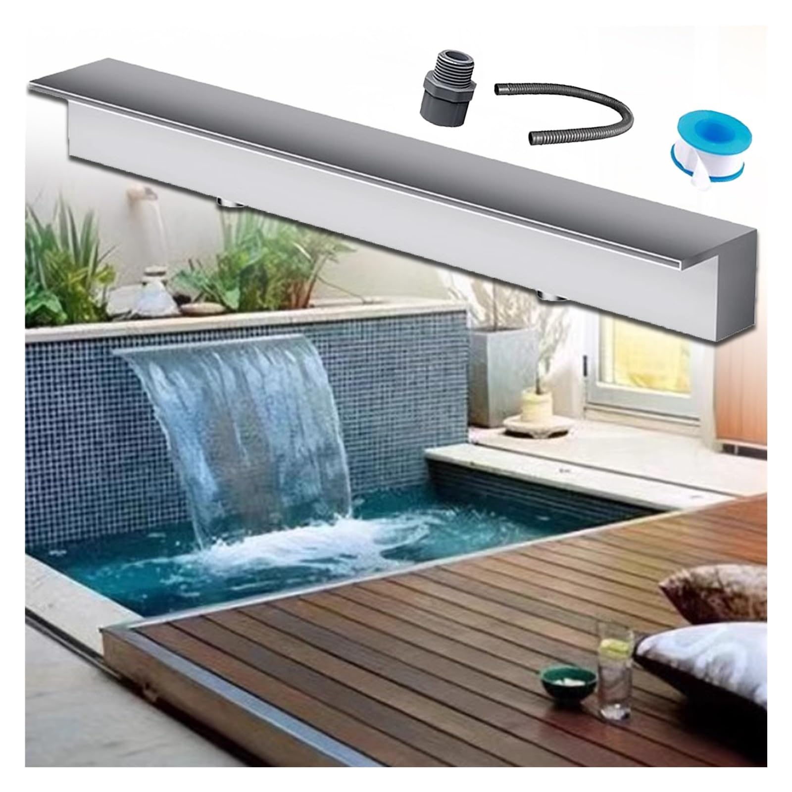 cascada piscina Aliviadero de cascada para patio trasero, exterior, 60 90 100 120 150 y 180 cm de ancho, acero inoxidable, caja de cascada para estanque, salida de agua, empotrada en la pared, para vi