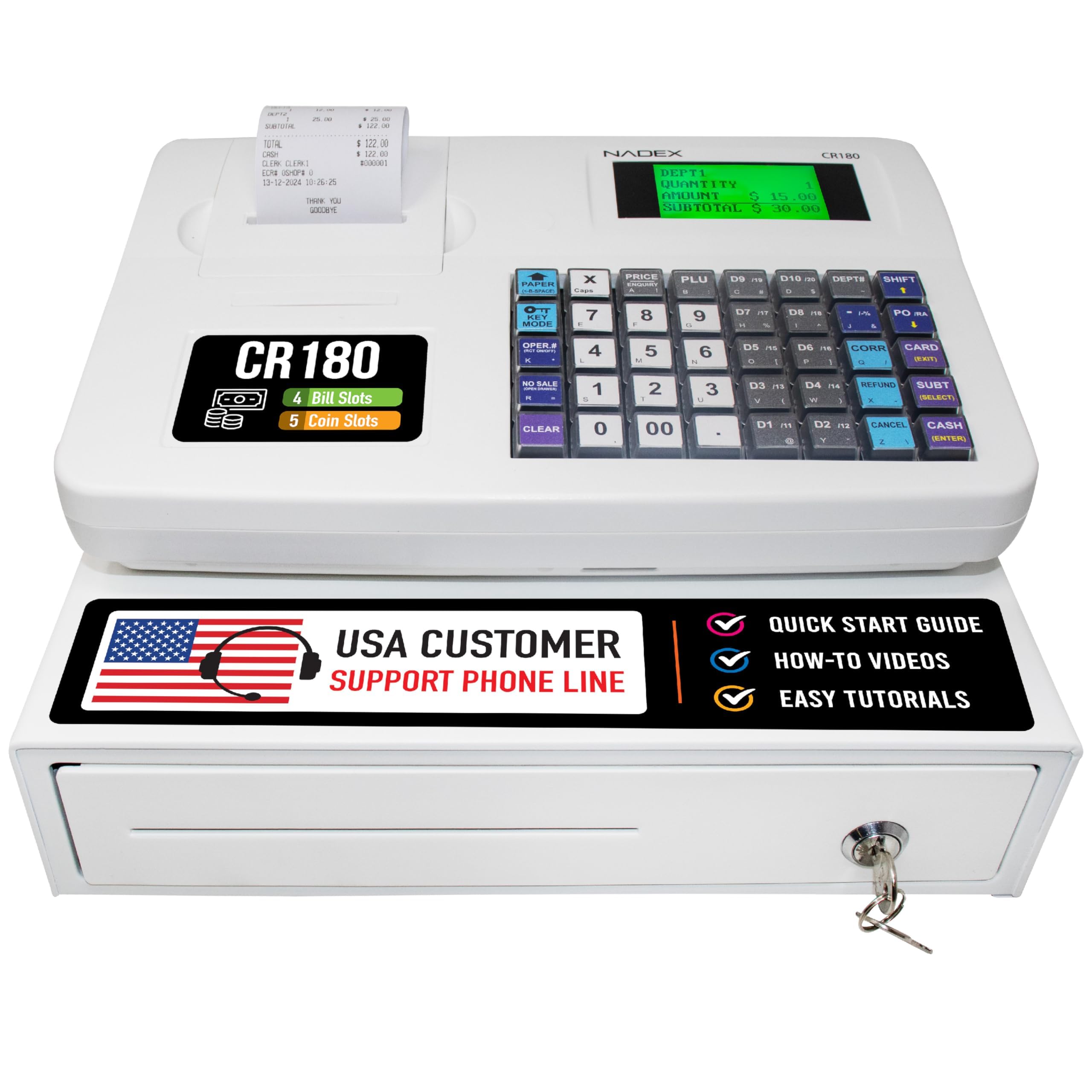 Nadex CR180 Electronic Cash Register, Steel Cash Drawer, Compact Design, White