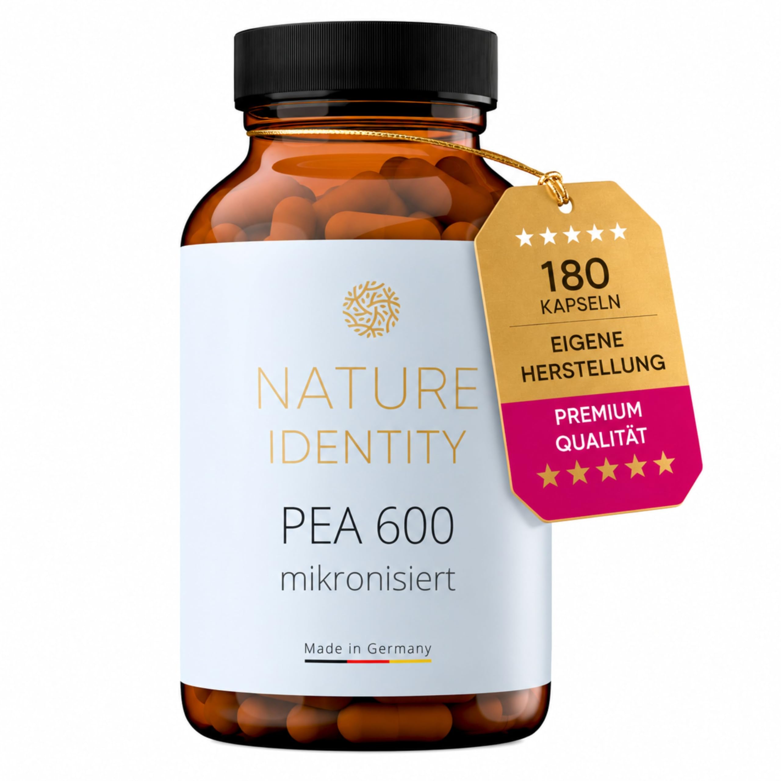 PEA Kapseln - Mikronisierte 1.200mg Palmitoylethanolamid pro Dosis - 180 vegane Kapseln - Pure PEA produziert in Deutschland von Nature Identity