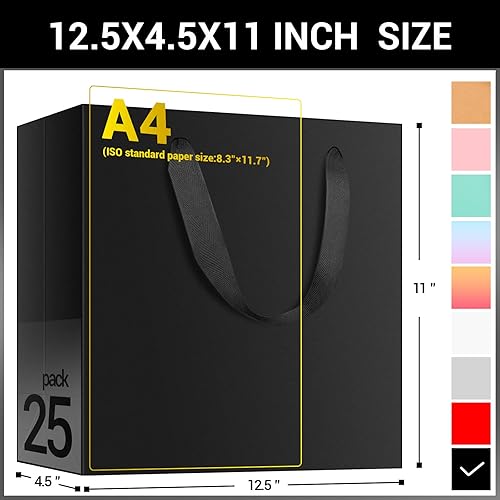 Miniatura 2 de EUSOAR Bolsas grandes de papel de regalo a granel, paquete de 25 bolsas de papel negras resistentes de 12.5 x 4.5 x 11 pulgadas con asas, para
