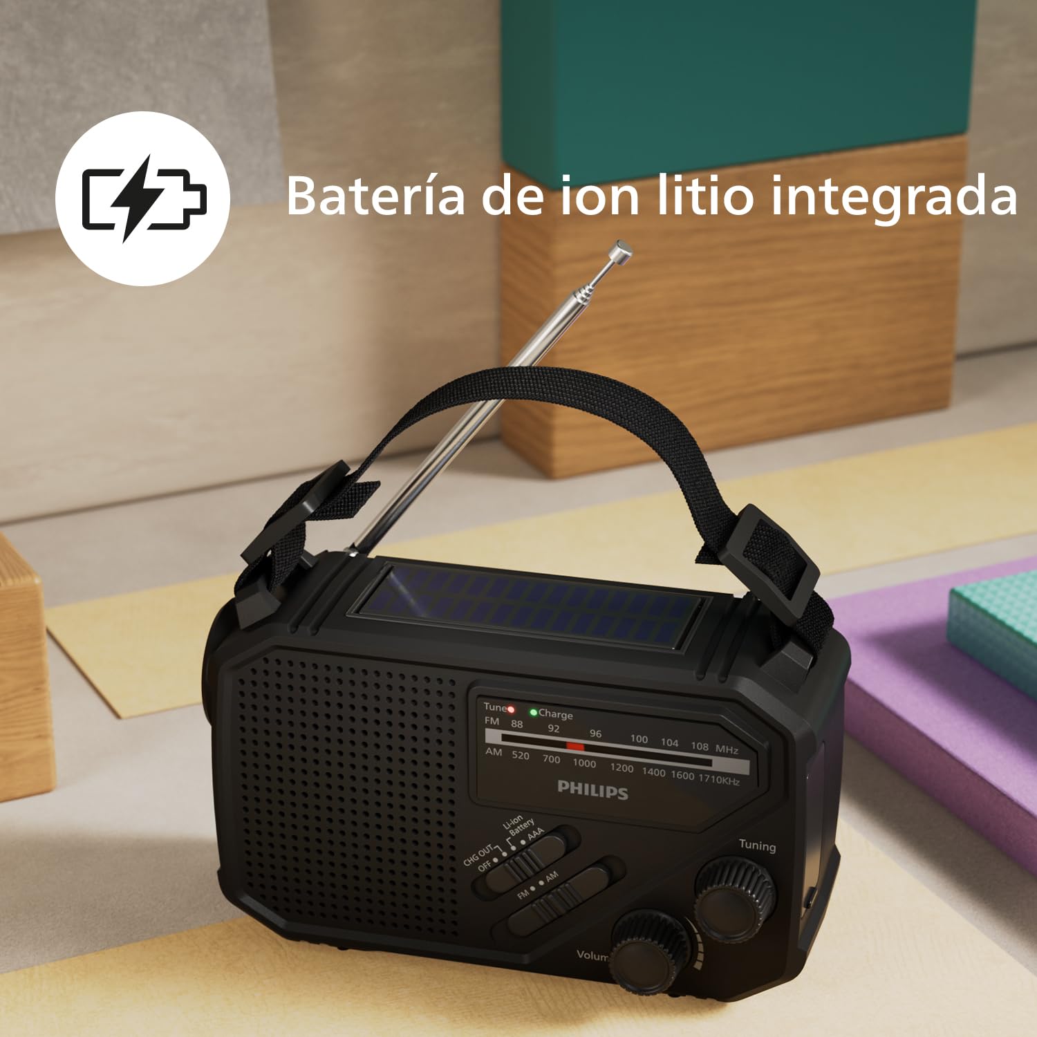 Philips TAR1659 Radio portátil FM/AM con batería recargable integrada, batería AAA y energía de emergencia de manivela, energía solar, luz LED integrada y linterna para camping, senderismo y cortes de