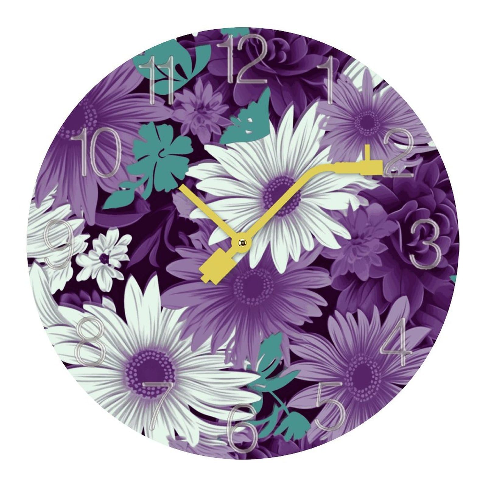 Horloge murale silencieuse violet et blanc floral pour décoration de bureau et maison