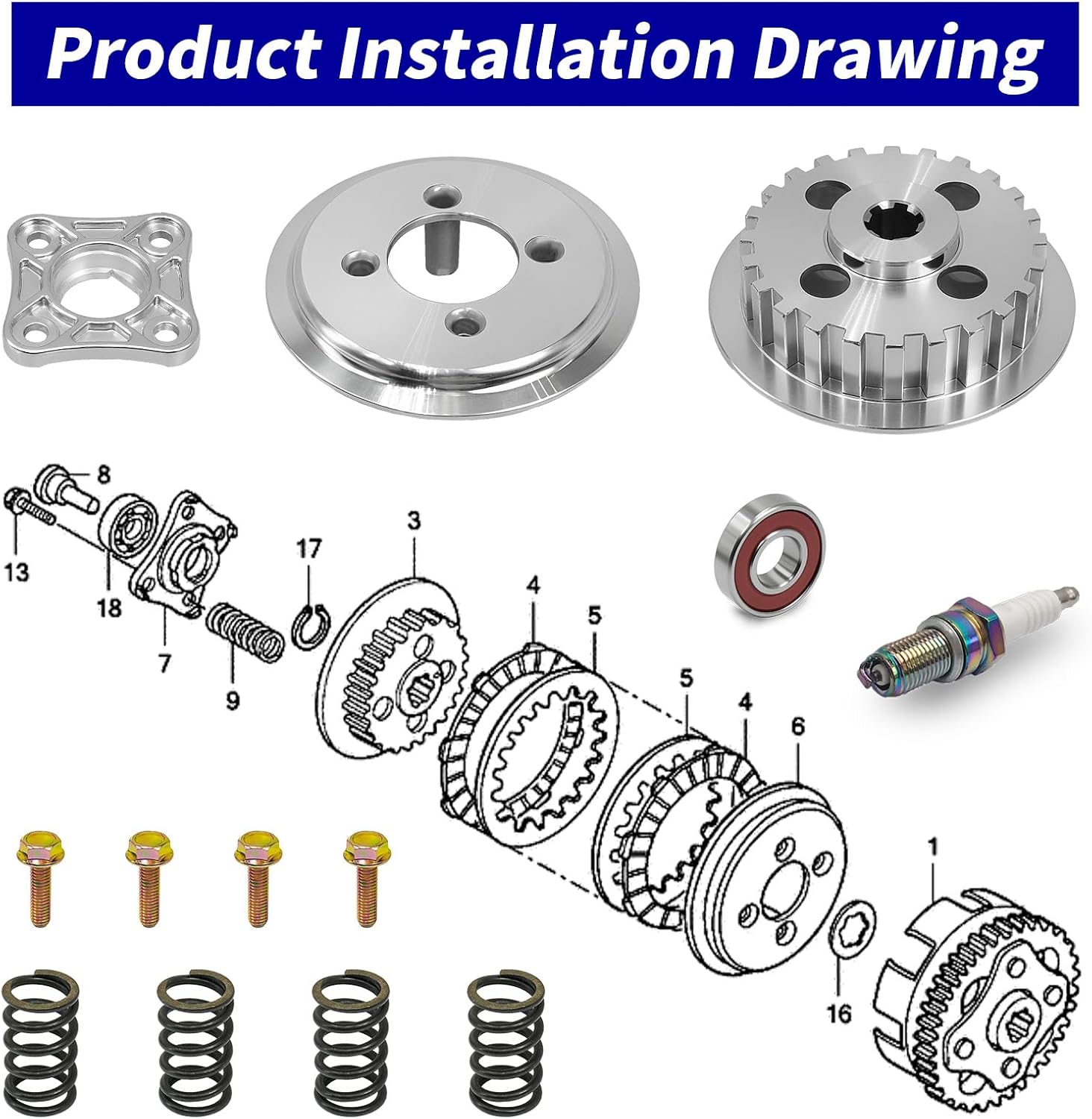 Clutch kit & Center Inner Hub & Outer Pressure Plate Compatible with Honda CRF100F XR100 XR100R XL100S OEM# 22121-436-000 22350-115-020