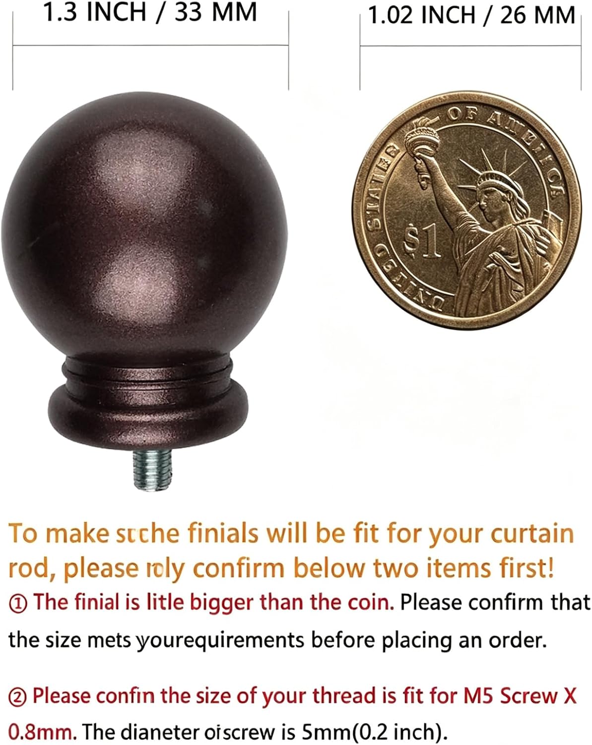 Finials for Curtain Rods, 4 Pcs Plastic Curtain Rod Finials for 5/8 Inch Dia Rod,Drapery Rod Finials of Ball Shape,M5 Thread Dia(Bronze)