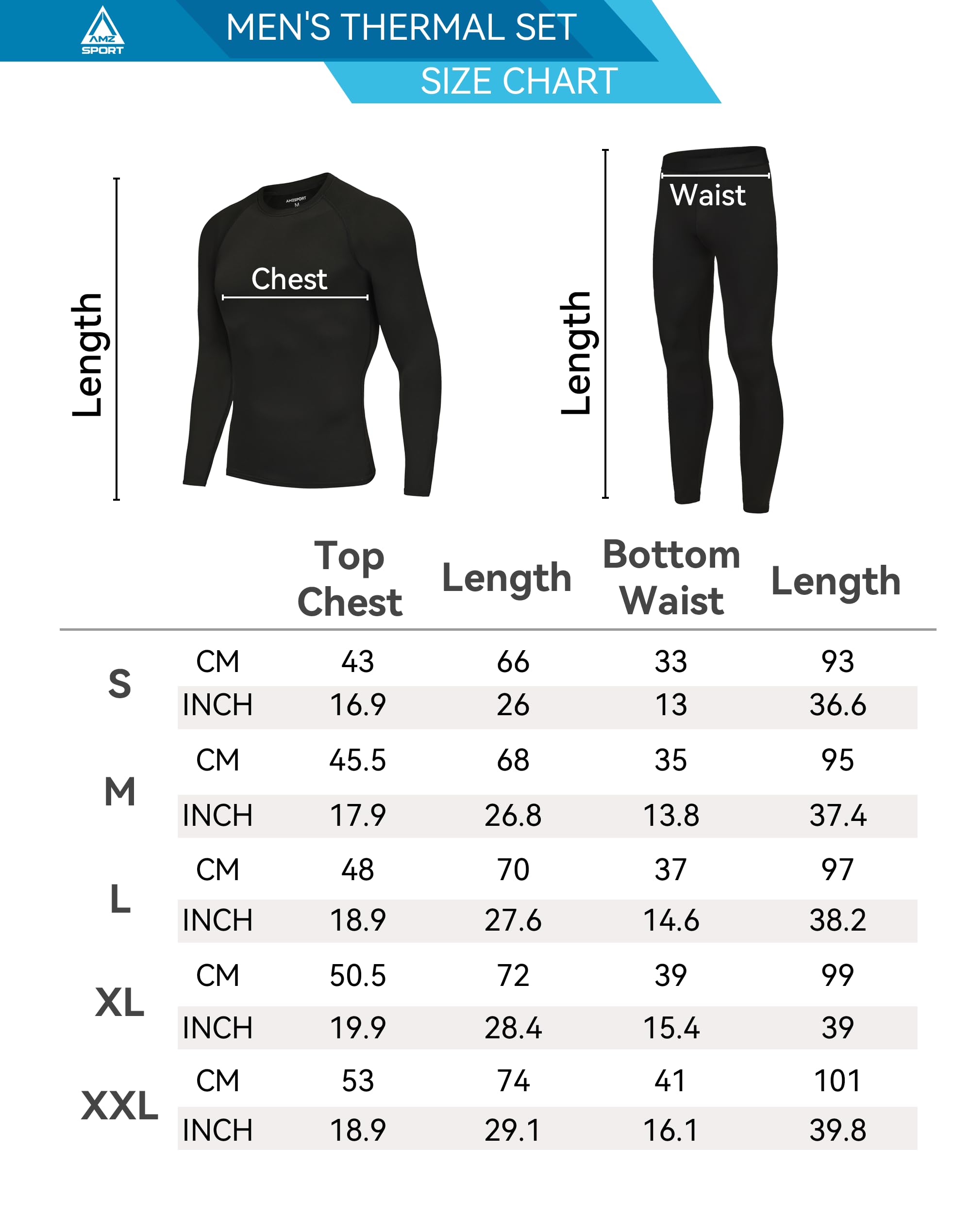 AMZSPORT Ensemble de sous-Vêtements Thermiques Homme Chemise et Pantalon de Compression à Séchage Rapide pour Le Ski Course à Pied en Hiver