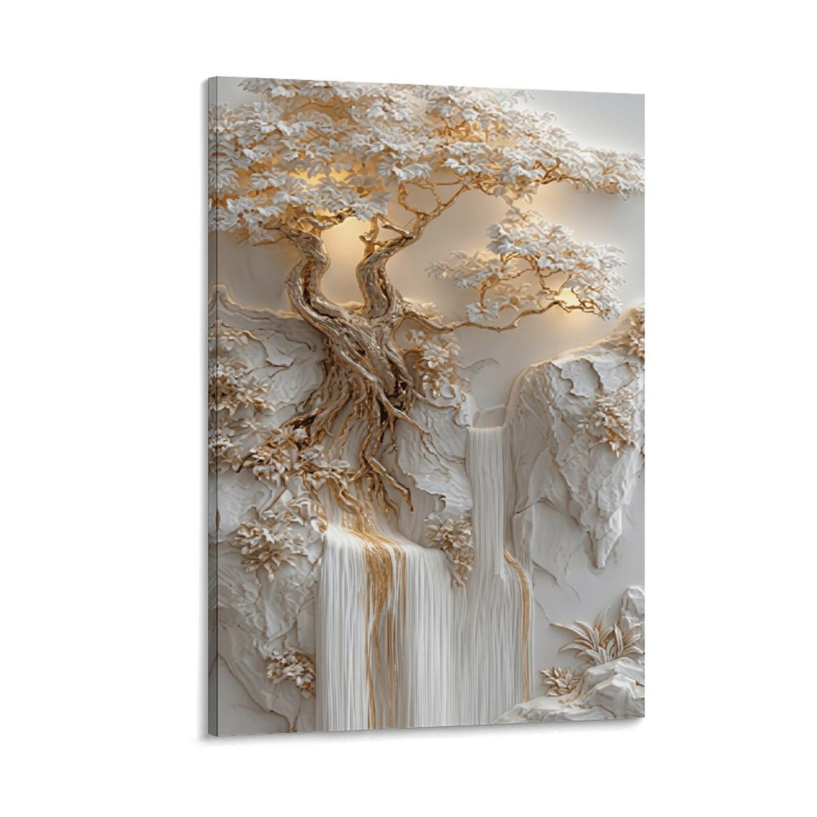 XPASHIQWC White & Gold Fortune Tree Waterfall Poster Artwork Giclee Canvas Prints Modern Wall Art Picture Wall Hanging for Bedroom Living Room Decor 20x30inch(50x75cm)