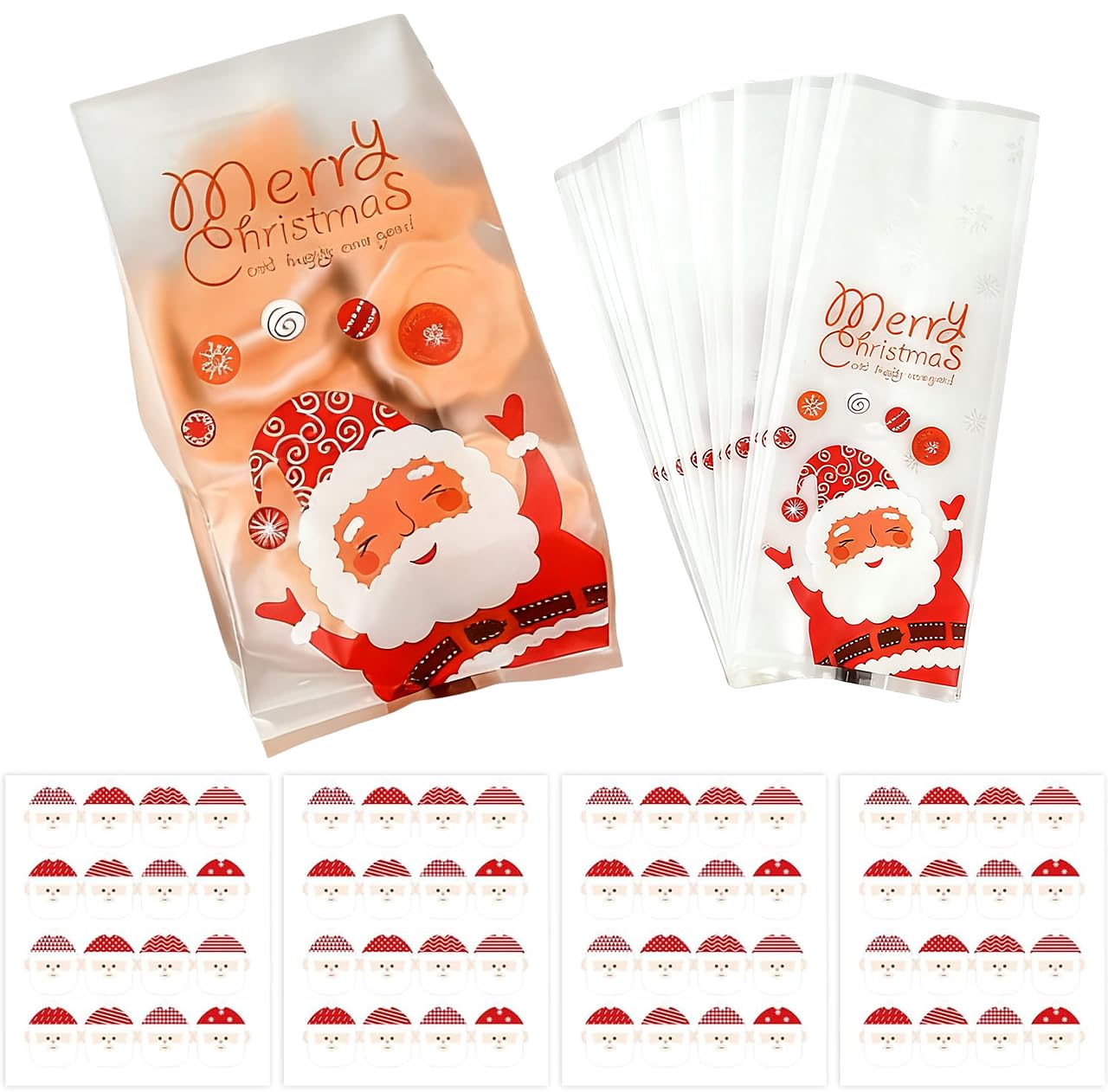 Christmas Cookie Bags 50 Pcs Translucent Treat Bags with Santa Claus Stickers for Cake Candy Chocolate Snack Bakery Bread Cupcake Sweet Bags for Party Gift Supplies,Xmas Birthday Party Favour