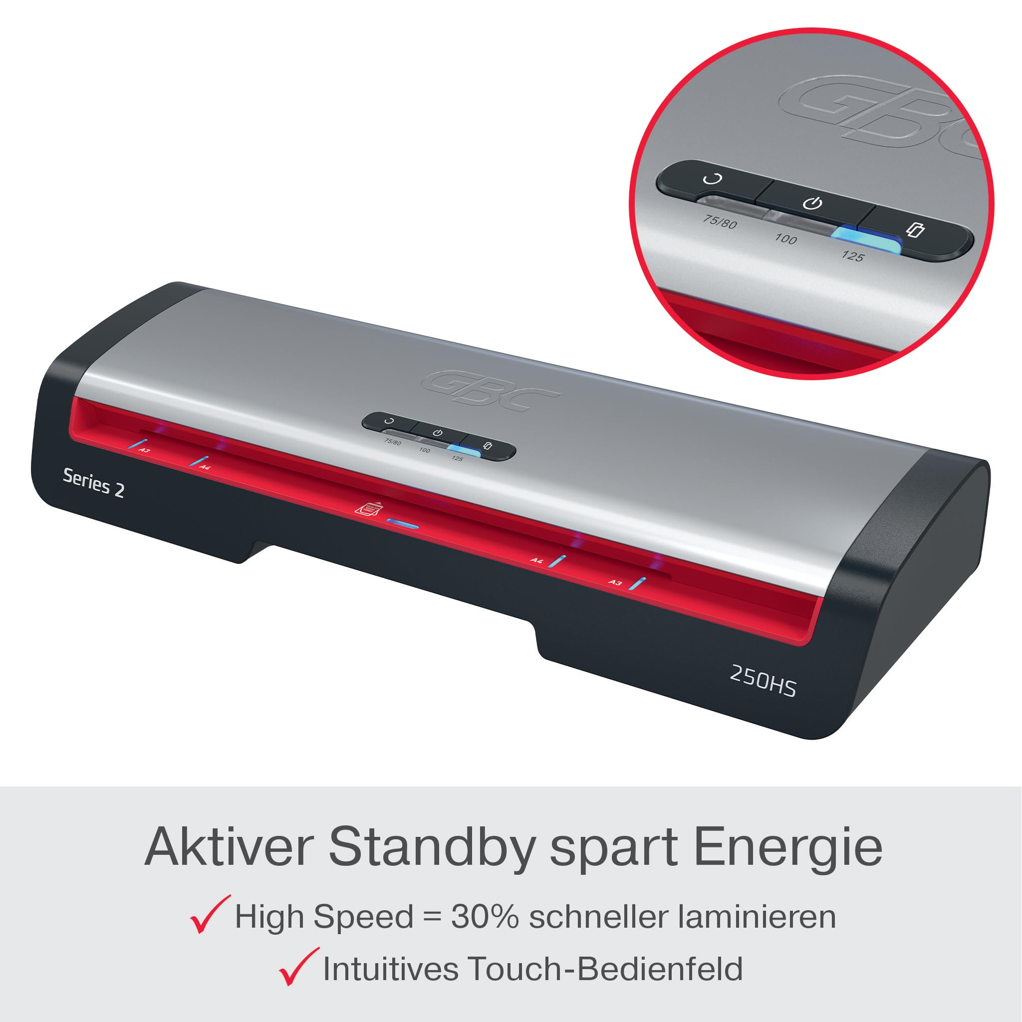 GBC 250HS Office A3 Laminiergerät - High Speed Laminieren, schnelle Aufwärmzeit von 1 Min, 75-125 Mikron, Anti-Stau, Auto-Abschaltung, inkl. 5x A4-Laminierfolien, Schwarz/Rot, 4410071EU
