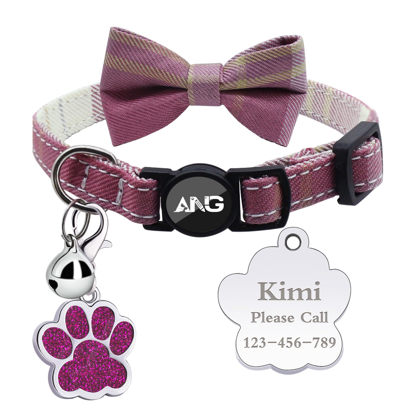 Personalised Breakaway Cat Collars - ID Tag, Bell, Bowtie - Safety Quick-Release, Customised for Female & Male Cats-Tartan Pattern-Pink
