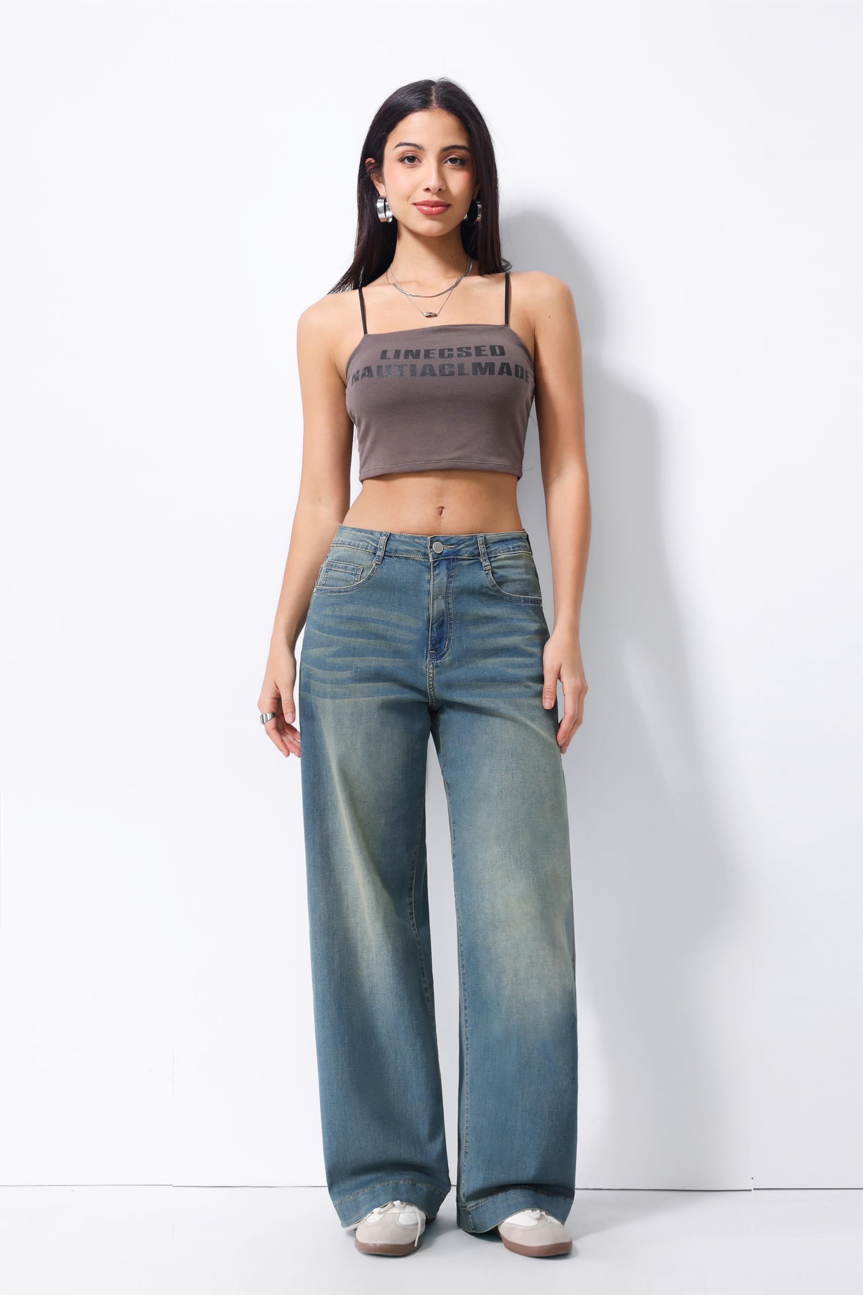 Jeans Donna Vita Alta Gamba Larga Denim Elasticizzato Lavaggio Chiaro Casual Streetwear Comodi