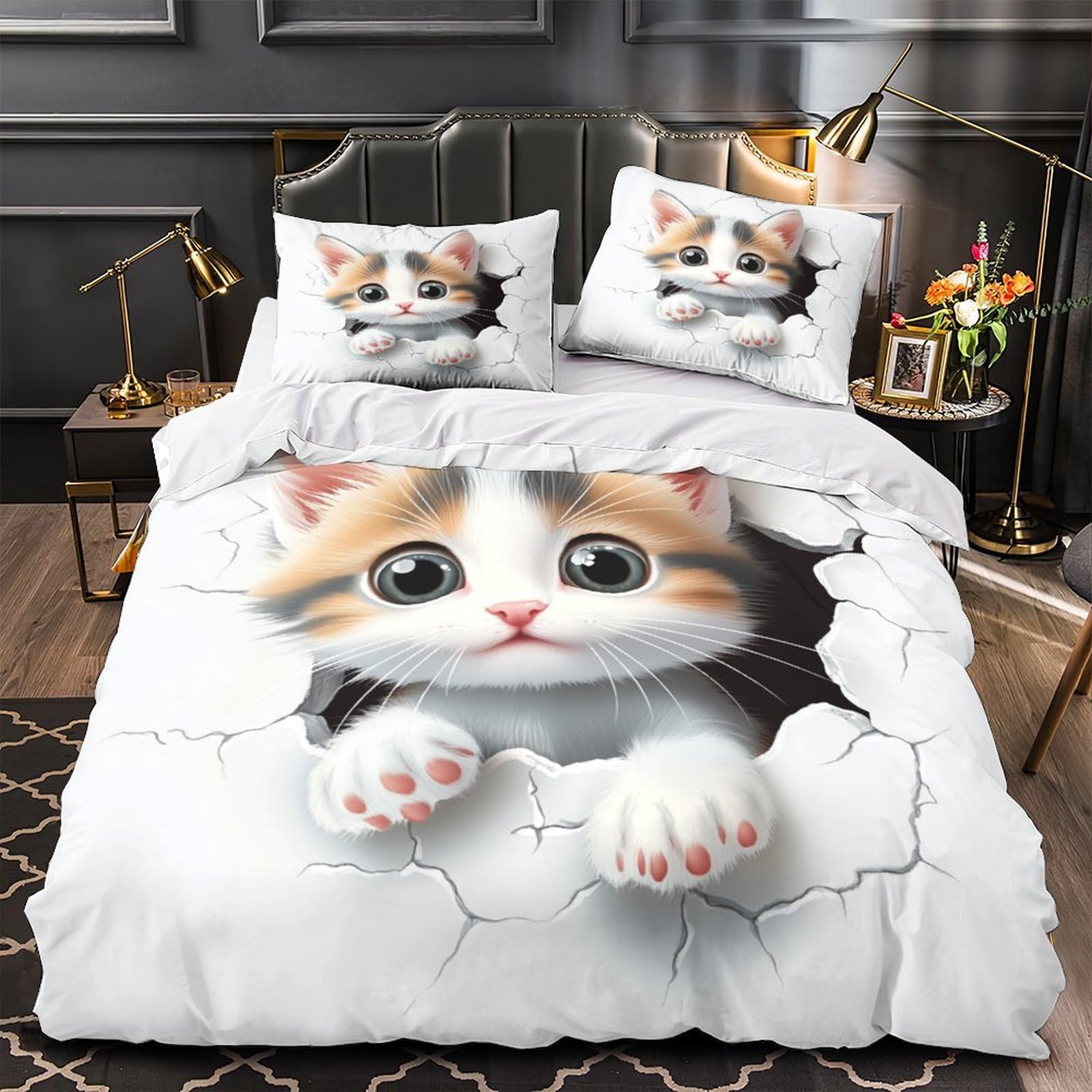 Gattino carino che sbircia 3D Stampa Coperta Letto 3pz Microfibra Antimacchia Fumetto digitale Coperteletto 2 federe Resistente Sbiadimento Adulti Coppie Super king（260x220cm）