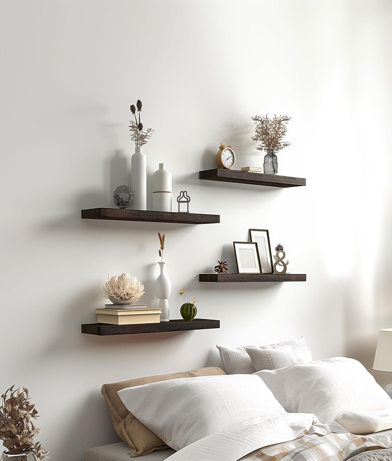 Brown Wood Floating Wall Shelves Set of 6