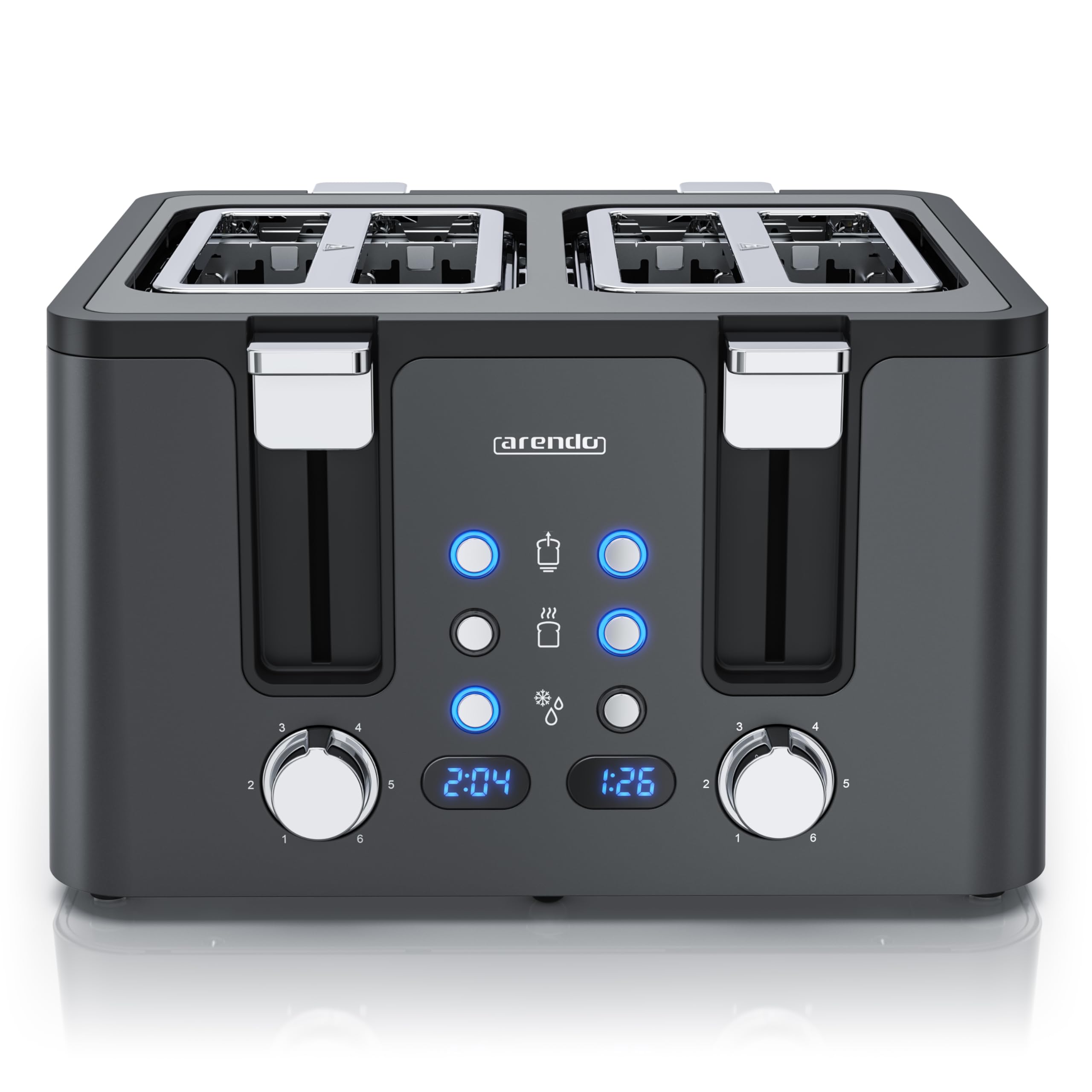 Arendo - Toaster 4 Scheiben Edelstahl - mit Brötchenaufsatz - 4 Schlitze - LED Anzeige Restzeitanzeige – Doppelwandgehäuse - Defrost Funktion - Krümelschublade - 6 Bräunungsgrade - Cool Grey Design
