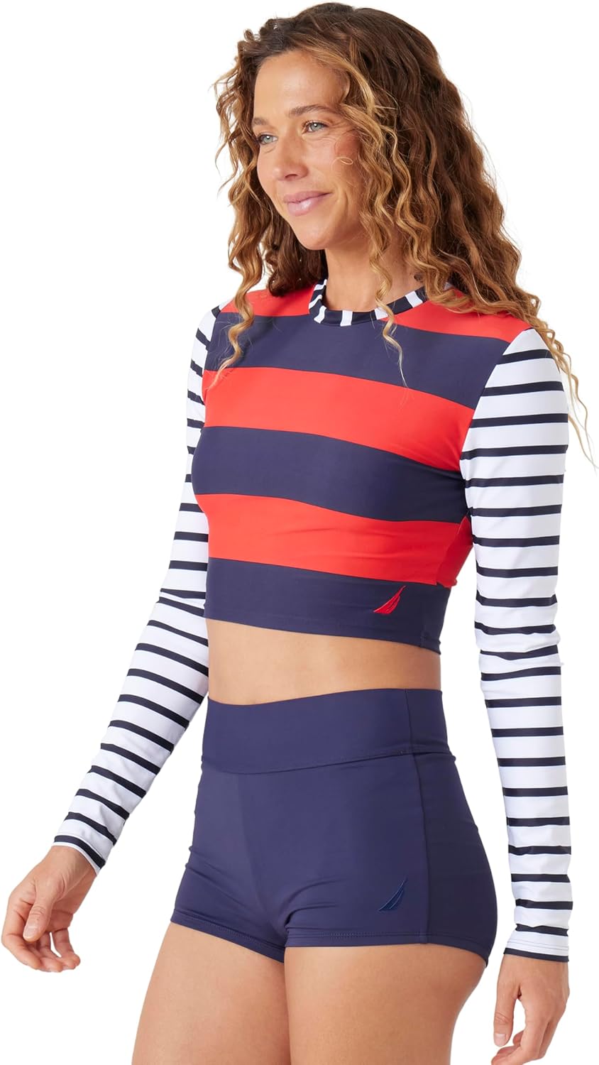 Nautica Women's Cropped Rashguard – Quick-Dry, UPF+, Swim Shirt, Pool, Beach, Hiking, Yoga, Volleyball
