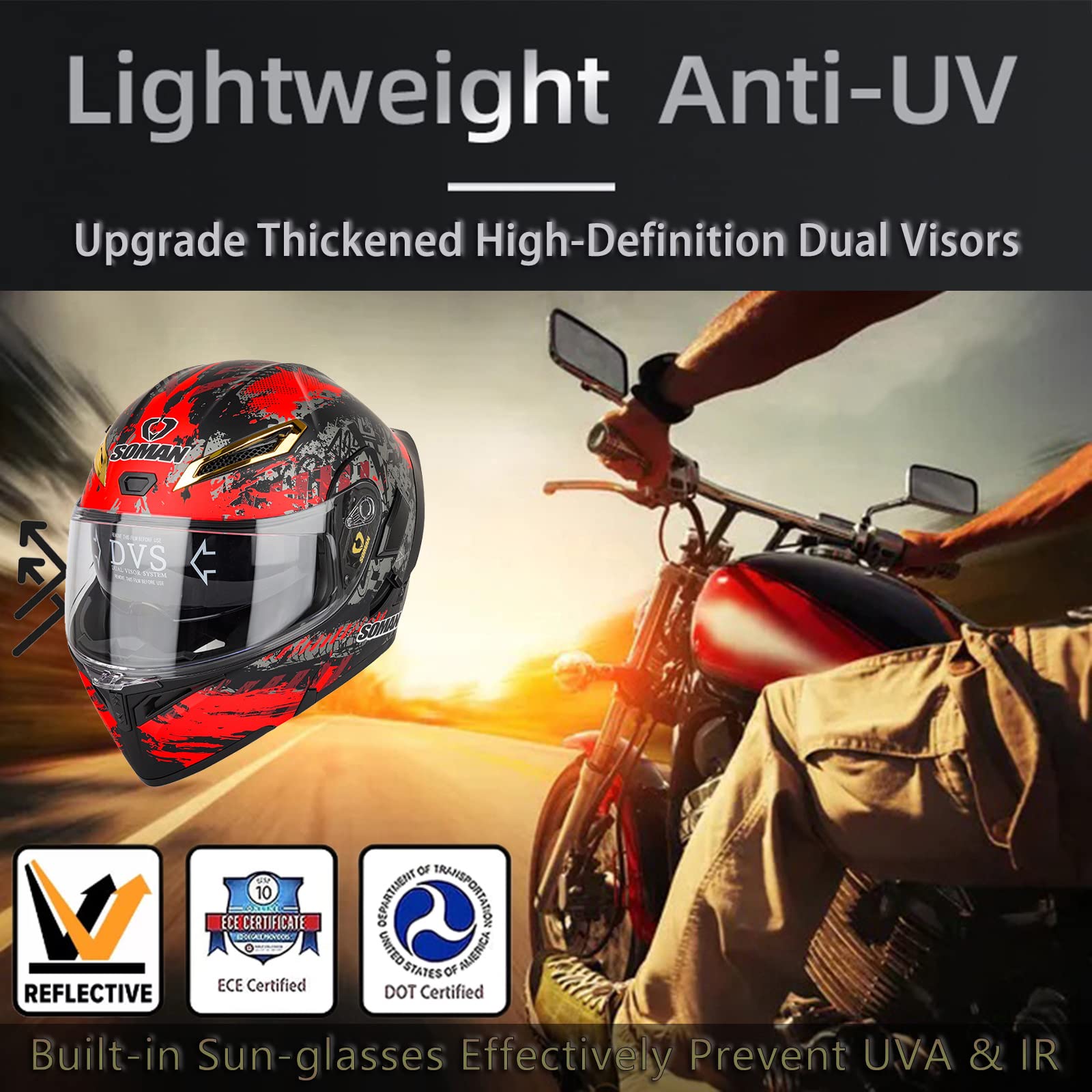 Casco Moto Modulare, Caschi Moto Apribile con Doppia Visiera Lente a Colori, Casco Moto Integrali Casco Scooter Motocicletta per Donna e Uomo, Rosso-M(57~58cm)