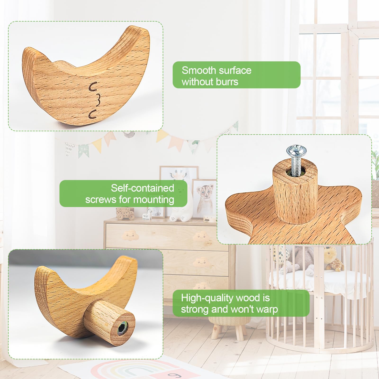 6 Pezzi Pomelli per Mobili Bambini, Pomelli per Cassetti, Pomelli Bambini Pomelli Legno per Cameretta dei Bambini con Nuvole di Luna Stella per Armadi, Pareti, Cassetti, ecc