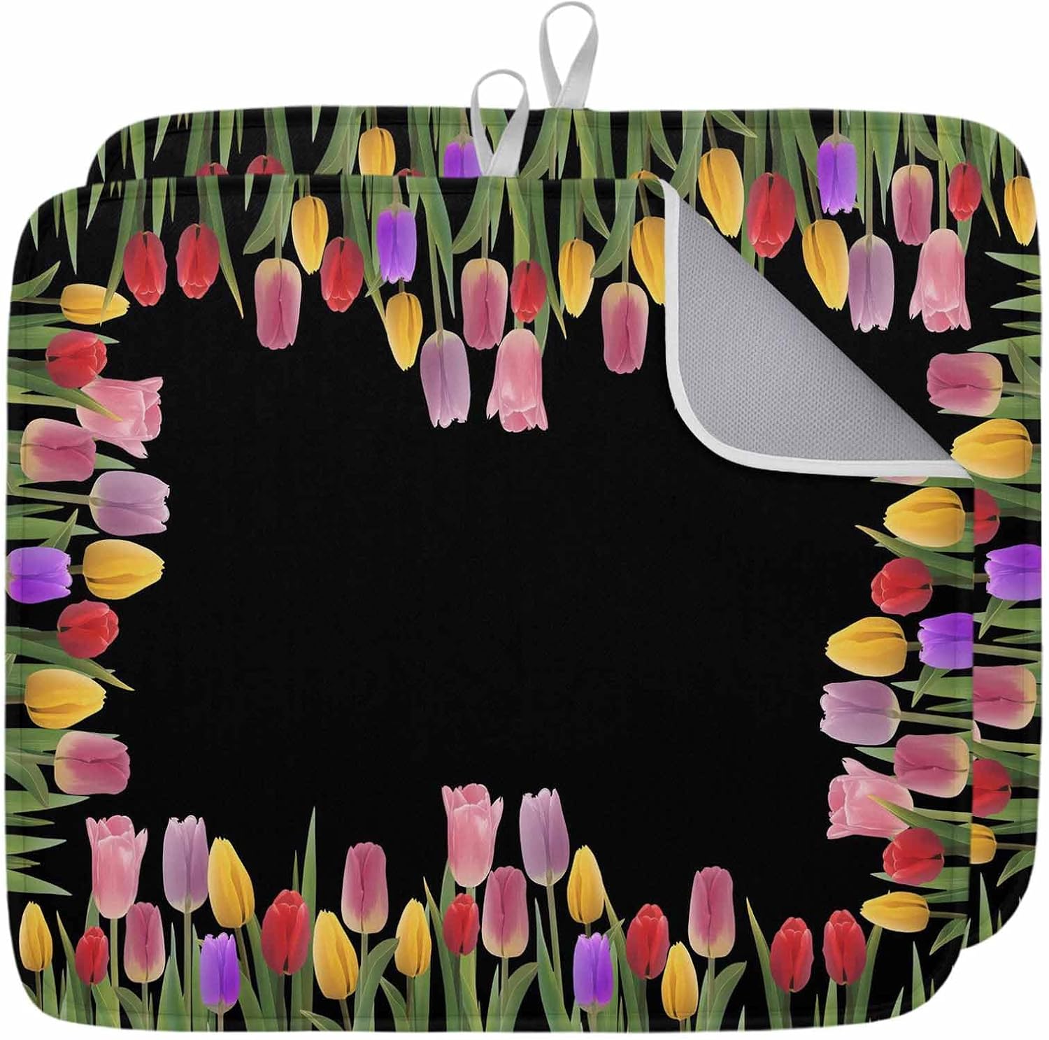 Easter Tulips Dish Drying Mat for Kitchen Counter Colorful Flowers Leaves Plant Black Background Super Absorbent Microfiber Coffee Bar Mat Washable Dish Drainer Rack Mat, 2 Pack, 16" x 18"