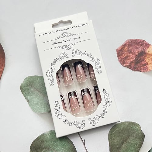 Miniatura 6 de Uñas postizas a presión de punta francesa marrón, uñas postizas de longitud media, uñas con pegamento para el día de San Valentín, uñas postizas con