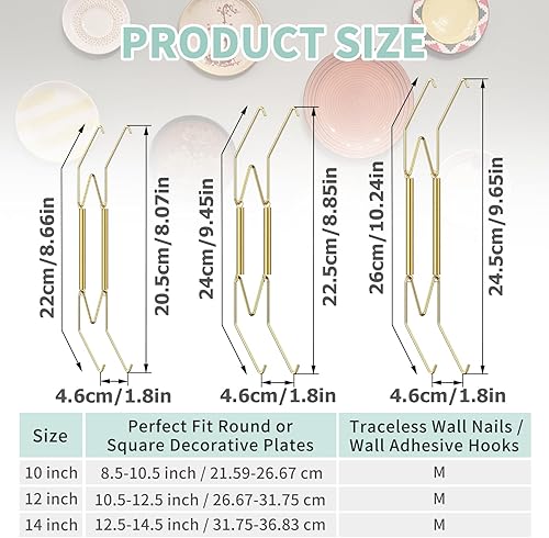 Miniatura 3 de Soportes para platos para exhibir en la pared, 6 soportes de placa de pared de 101214 pulgadas, material de acero inoxidable dorado, colgador de