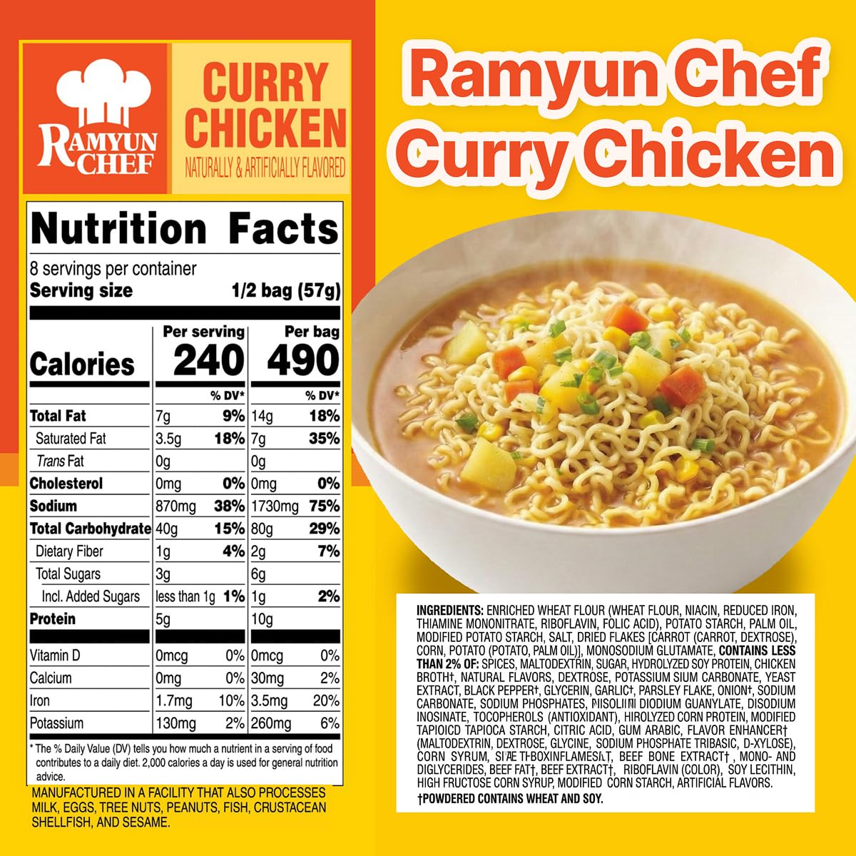 Nongshim Ramyun Chef, Instant Ramyun Noodles with Soup Mix, Curry Chicken, 4.02 Oz (Pack of 4)