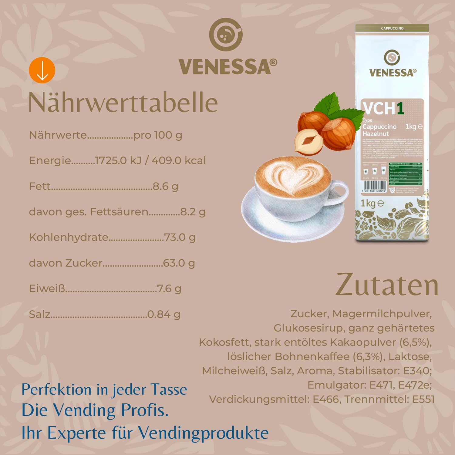 VENESSA VCH1 Cappuccino orzech laskowy, 20 x 1 kg, pyszna, kremowa kawa rozpuszczalna dla klientów biznesowych, vending, firm, gastronomii, dużych firm