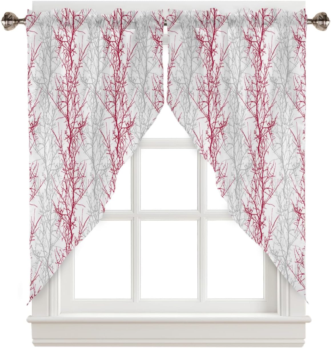 Red Grey Swag Curtains for Kitchen/Bedroom/Living Room, Pastoral Botanical Scalloped Curtains 63 Inch Long, Gray Branch Aesthetics Rod Pocket Window Swag Topper Curtains Valances 2 Panels Set 36"x63"