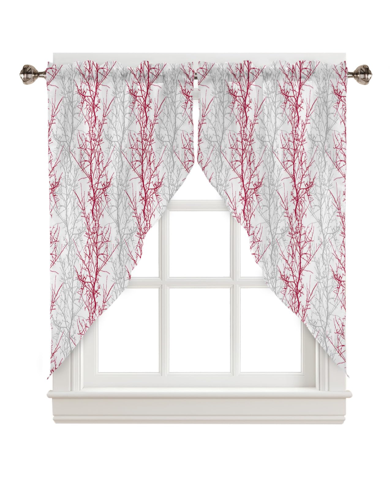 Red Grey Swag Valances for Windows 2 Pack, Pastoral Botanical Kitchen Window Curtains 36 Inch Length, Gray Branch Aesthetics Art Privacy Swag Curtains for Living Room/Bathroom with Rod Pocket 36"x36"