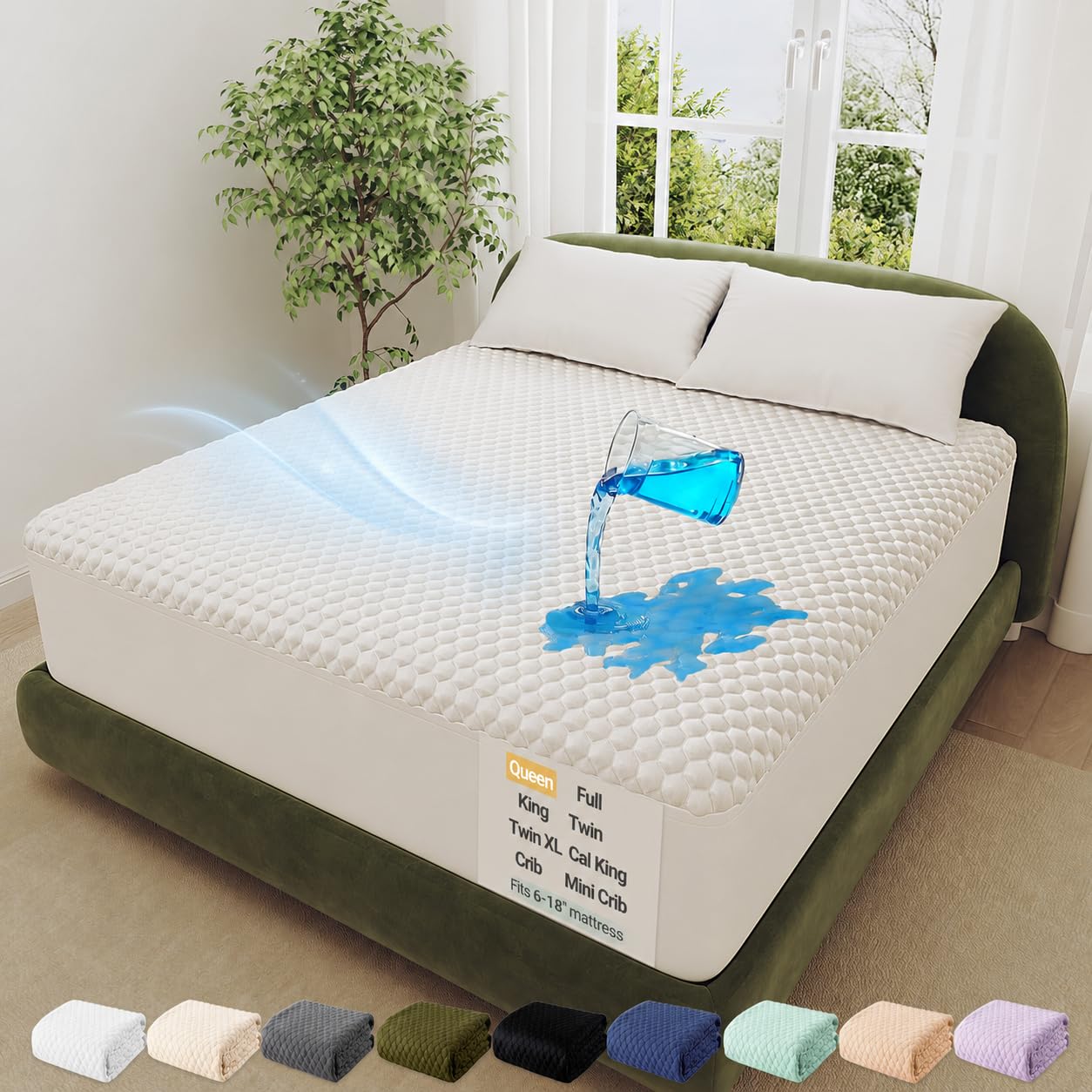 OhGeni 100% Waterproof Queen Size Mattress Protector,Soft Mattress Pad, Cooling Breathable Fitted Sheets,Washable Bed Cover,Non-Slip Deep Pocket,Noiseless for Bedroom