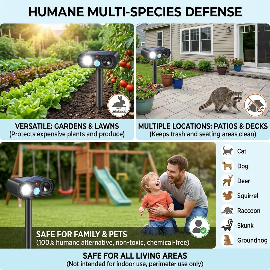 Sonic Fortress Pro 2026 Dispositivi repellenti per cervi per piante, confezione da 4 repellenti per gatti selvatici, ad ultrasuoni, ad energia solare, con sensore di movimento e luce flash, procioni