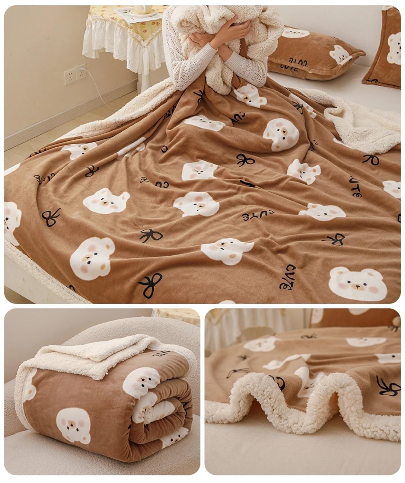 Manta doble de invierno, acogedora funda de sofá y ropa de cama, colchas suaves y cubrecamas para el hogar y decoración esencial de felpa para sofá y sillas, diseño de oso café, 180 x 200 cm