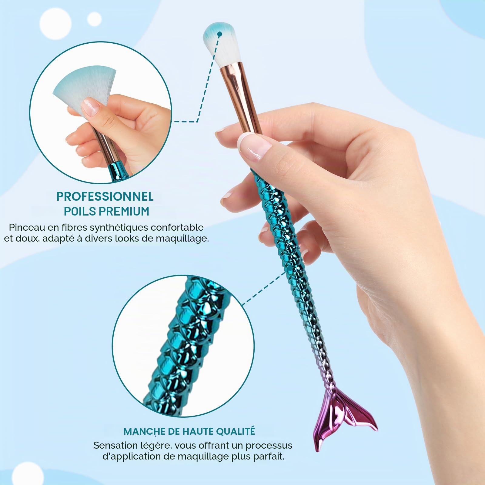 12 PCS Ensembles de Pinceaux de Maquillage de, Mermaid Maquillage Pinceaux Set avec une barrette Brosse Cosmétique de Nylon Beauté Brosses Kit Fond de Teint Poudre Crème Sourcils Eyeliner Fard à Joues