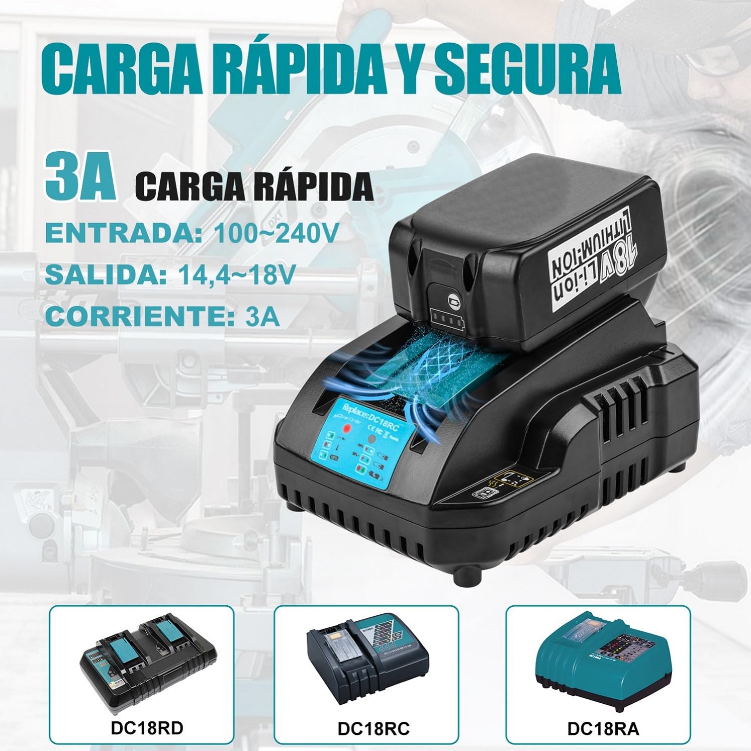 18V Cargador 3A para Makita DC18RC | Compatible Makita 18V Battery BL1850 BL1850B BL1860