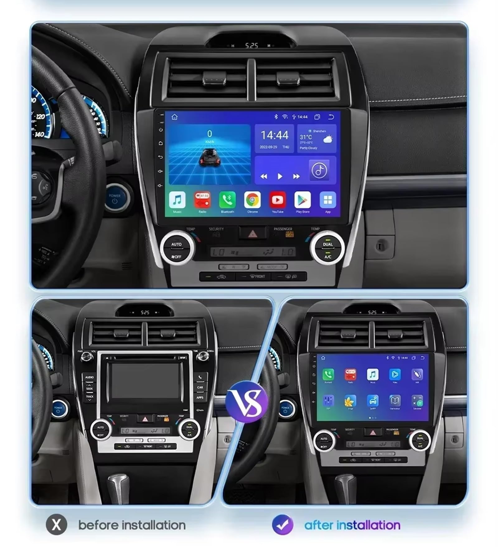 Radio samochodowe Android 15 2 DIN z 10-calowym ekranem dotykowym do Toyoty Camry 2012-2014 z kamerą cofania/Carplay/BT/FM/GPS/USB/WIFI/sterowaniem z kierownicy/audio samochodowe (EP60 6+128