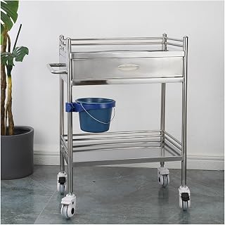 Stainless Steel Beauty Cart with Drawer Raised Guardrail Rolling Trolley Strong Load-Bearing Storage Trolley Thickened Push Handles Rubber Wheels with Brakes