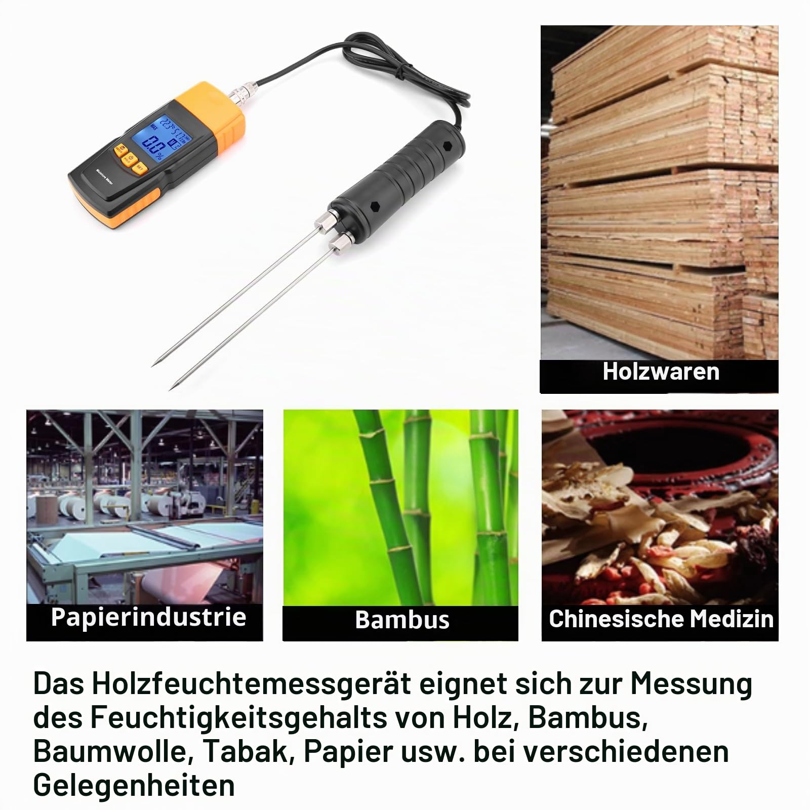 Feuchtigkeitsmessgerät Holzfeuchtemessgerät Pin-Typ LCD-Display Digital Einstellbare Temperatur Luftfeuchtigkeit Feuchtigkeitsmesser Holzfeuchteprüfer MMD4E