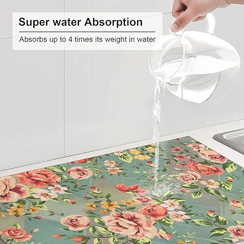Miniatura 6 de Tapete de secado de platos para encimera de cocina, tapete floral vintage de microfibra, tapete escurridor de platos para encimera, cafetería, barra