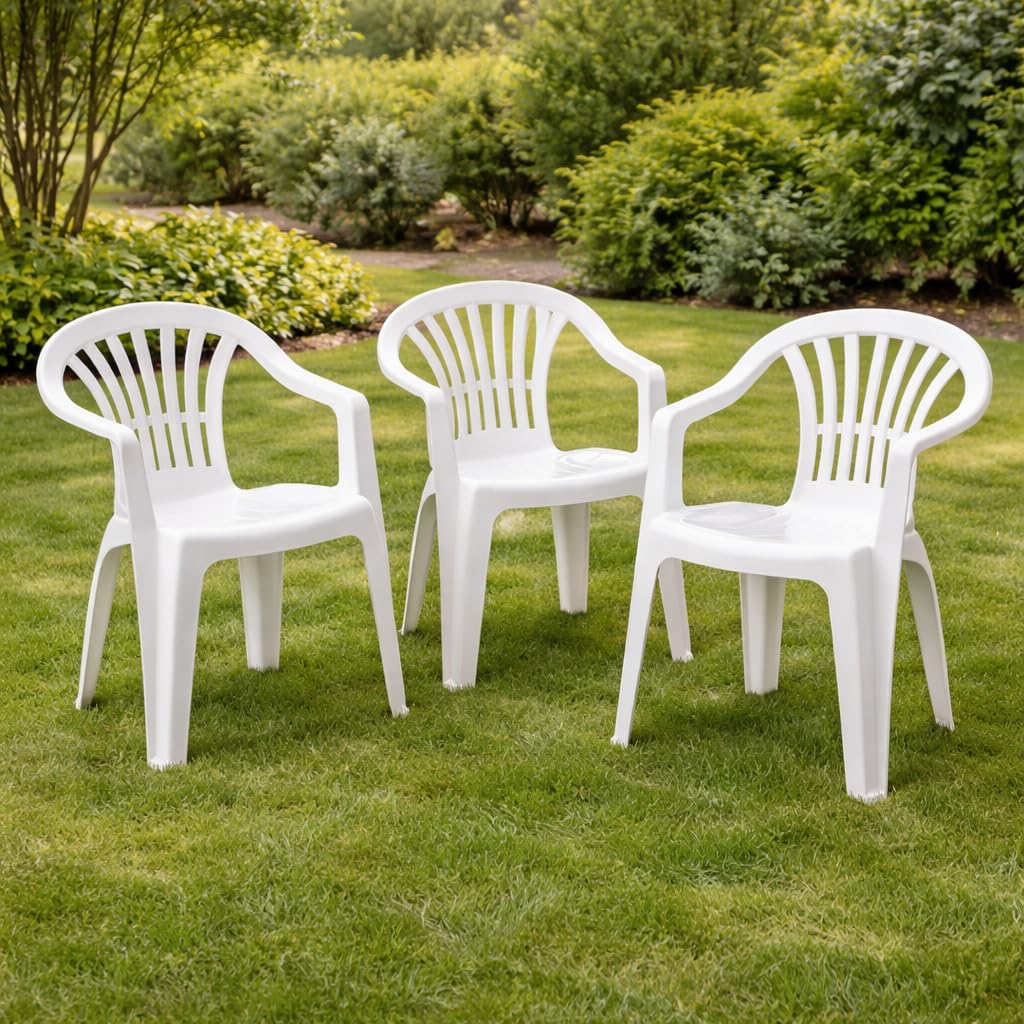 Set Sedie da Giardino - per Esterno, in Resina, Bianco, Braccioli Ergonomici, Schienale Basso, Impilabili, Impermeabile, Resistente - 55 x 53 x 82 cm