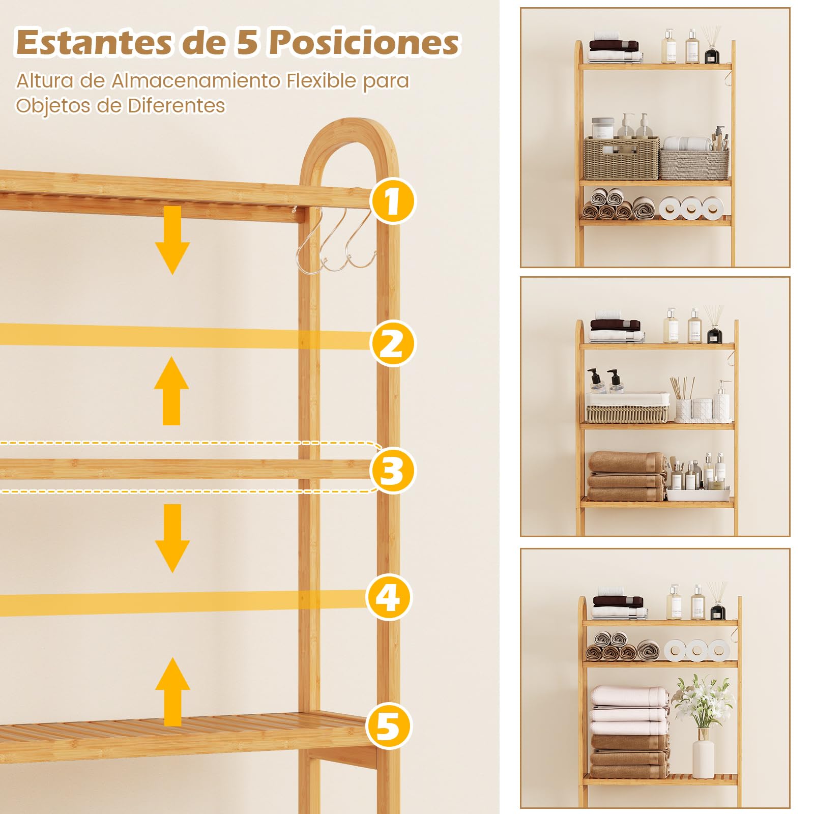 COSTWAY Estantería de Almacenamiento sobre Inodoro, Organizador de Baño de Bambú de 3 Niveles con Estantes de 5 Posiciones, 3 Ganchos, Barra Inferior Ajustable, Ahorra Espacio para Cuarto de Lavado