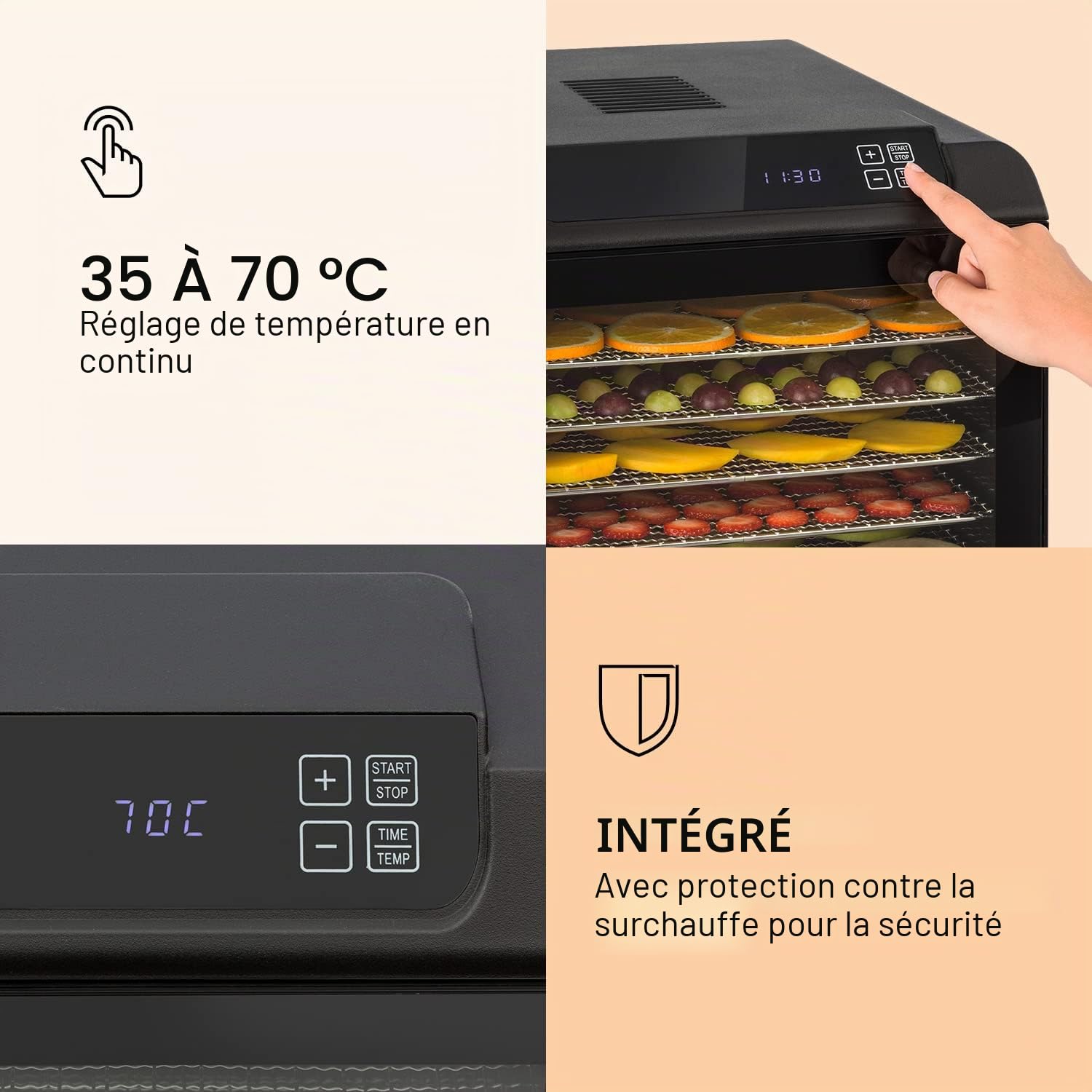 KLARSTEIN Arizona Jerky - Déshydrateur, Fruits, séchoir à viande, 500W, 35 à 70°C, 6 grilles de stockage lavables en machine, Séchage court - noir