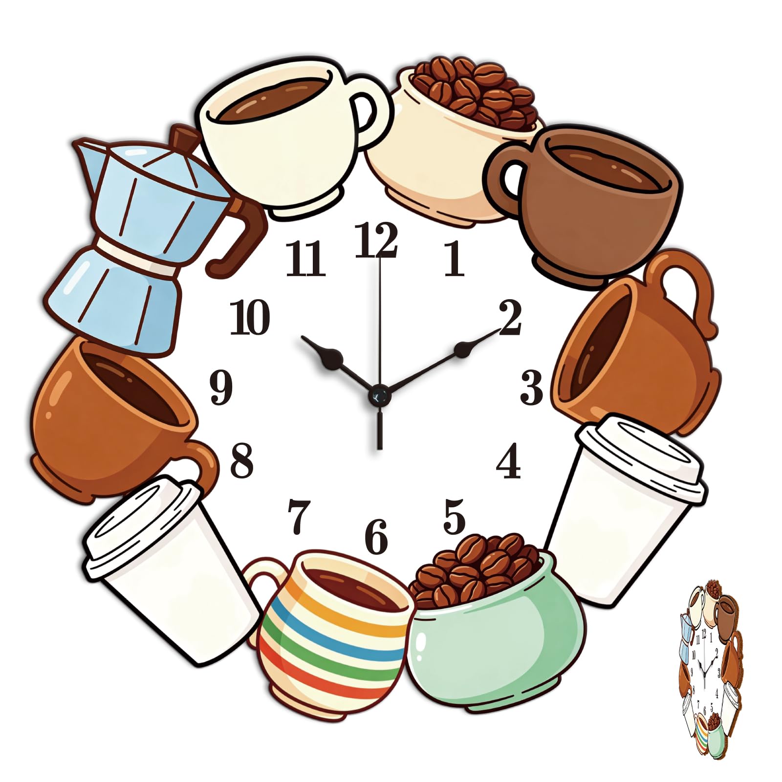 CONCHLERY Wall Clock 13.4 Inch Irregular Coffee Cup Pattern Non-Ticking Flat Printing Hanging Clock for Home Bedroom Living Room Kitchen Office