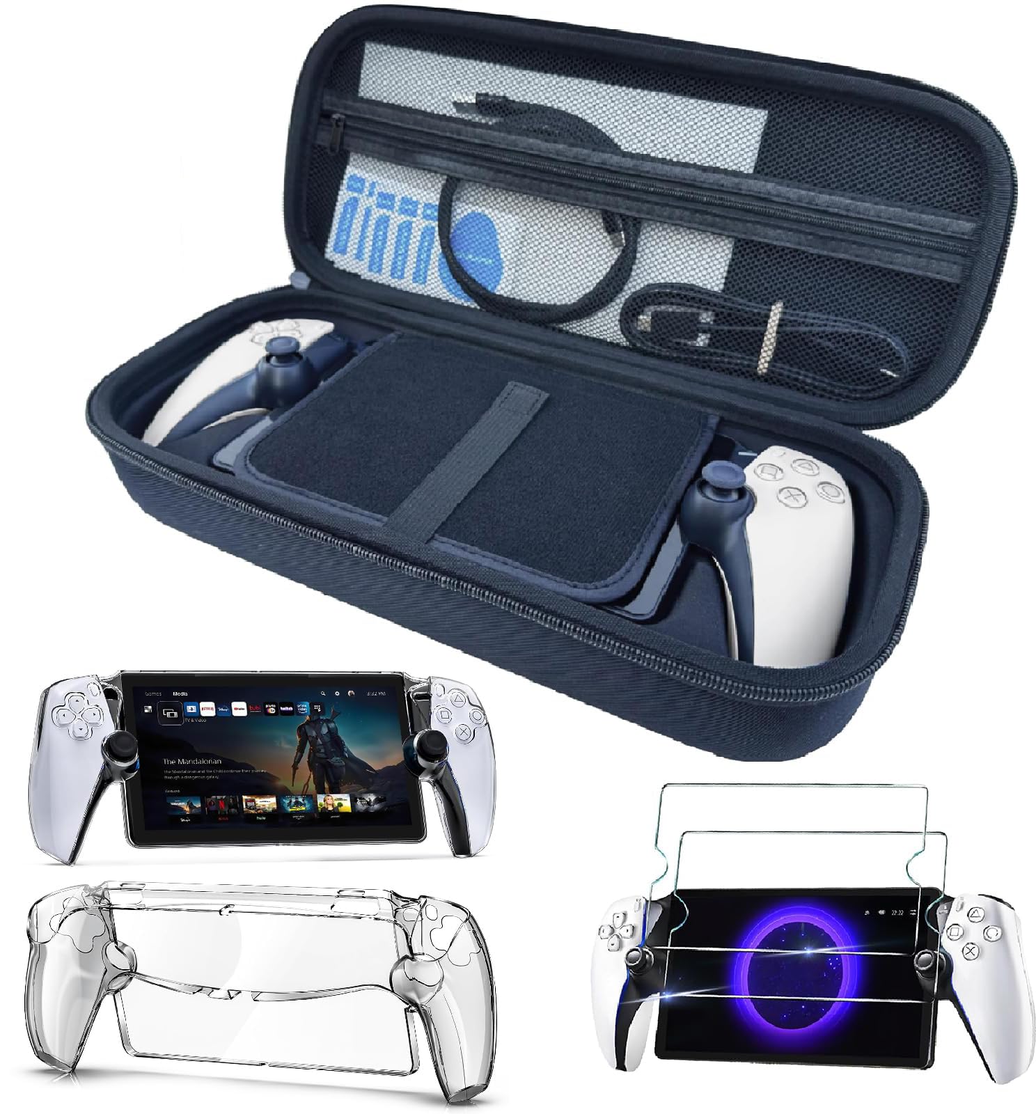 GAMSURFING 3 in 1 Accessories Set for PlayStation Portal Carrying Case for PS5 Portal and Hard PC Clear Cover Case with 2 Screen Protector Tempered Glasses,4 Thumb Grips,PS Portal Accessories Bundle