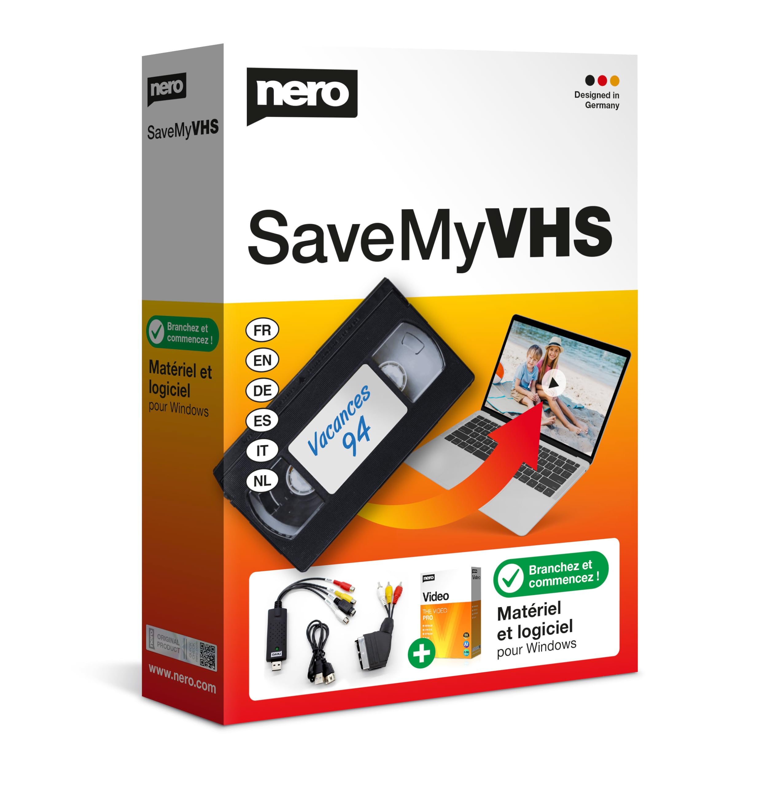 Nero SaveMyVHS – Numériser Cassettes VHS, S-VHS et Hi8 vers PC | Convertisseur USB avec Logiciel de Montage Video | Transfert en MP4 | Windows 11/10