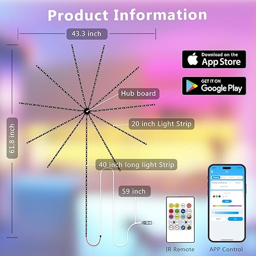 Vista 6 de Dalattin Tira de luces LED inteligentes para interiores, color RGB regulable, escenas dinámicas de fuegos artificiales, sincronización de música