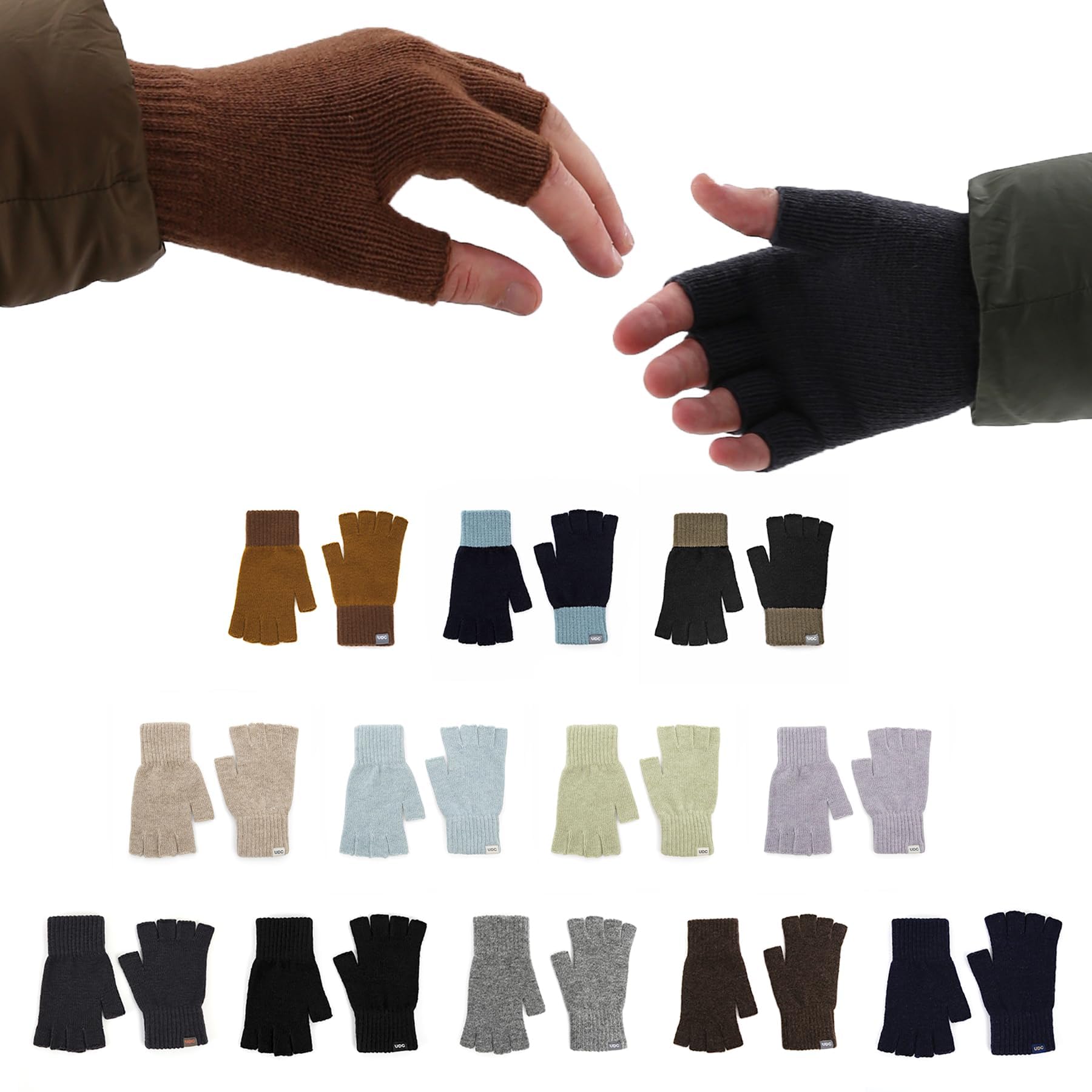 UNDERCONTROL Logo Label Unisex Fall Winter Outdoor Two Solid Color Mix Stretchy Knit Fingerless Half Finger Warmer Touch Screen Typing Texting Casual Gloves Mittens Handwarmer Korea (NAVY SKY)